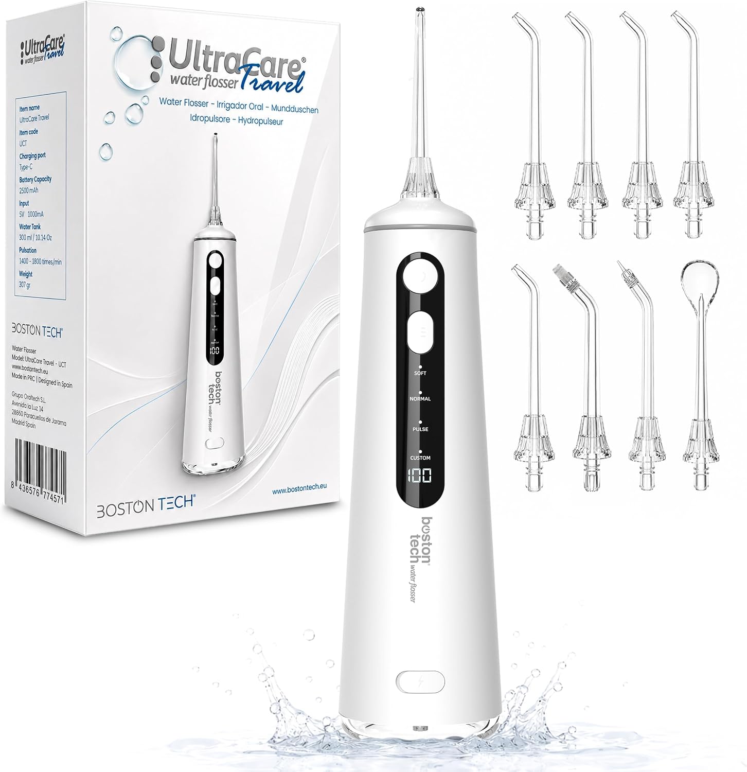 Aquapik Ultracare Travel Irrigador Bucal Portatil, Irrigador Dental Inalámbrico Profesional 8 Boquillas 4 Modos, IPX8 Impermeable 300ML USB-C Recargable Para Limpieza Dientes