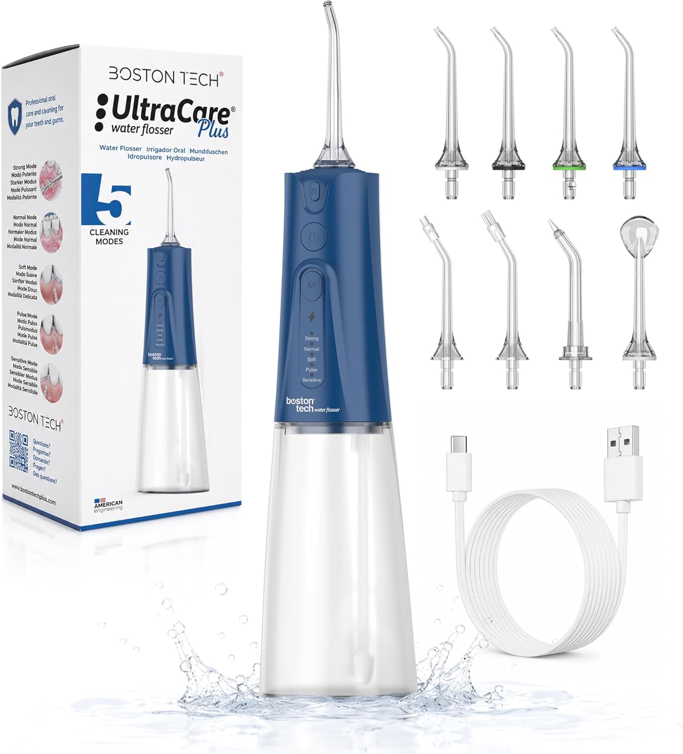 Aquapik® UltraCare Plus Irrigador Dental Inalámbrico y Recargable Irrigador Bucal a presión de agua Impermeable IPX8 Hogar y Viajes Elimina Placa Cuida Encías 5 Modos 8 Boquillas 300ml (Azul)