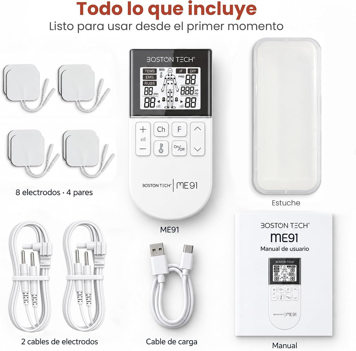 Electroestimulador TENS EMS 5 en 1 recargable Boston Tech · 80 programas y 8 electrodos