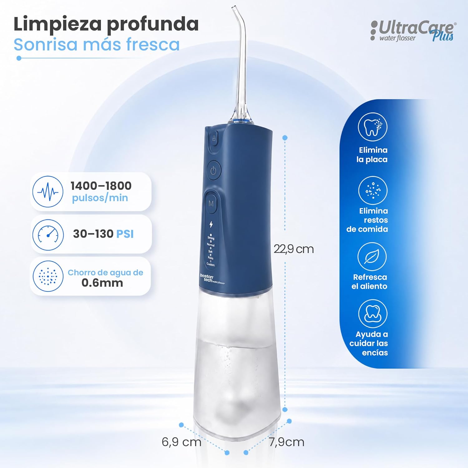 Aquapik® UltraCare Plus Irrigador Dental Inalámbrico y Recargable Irrigador Bucal a presión de agua Impermeable IPX8 Hogar y Viajes Elimina Placa Cuida Encías 5 Modos 8 Boquillas 300ml (Azul)