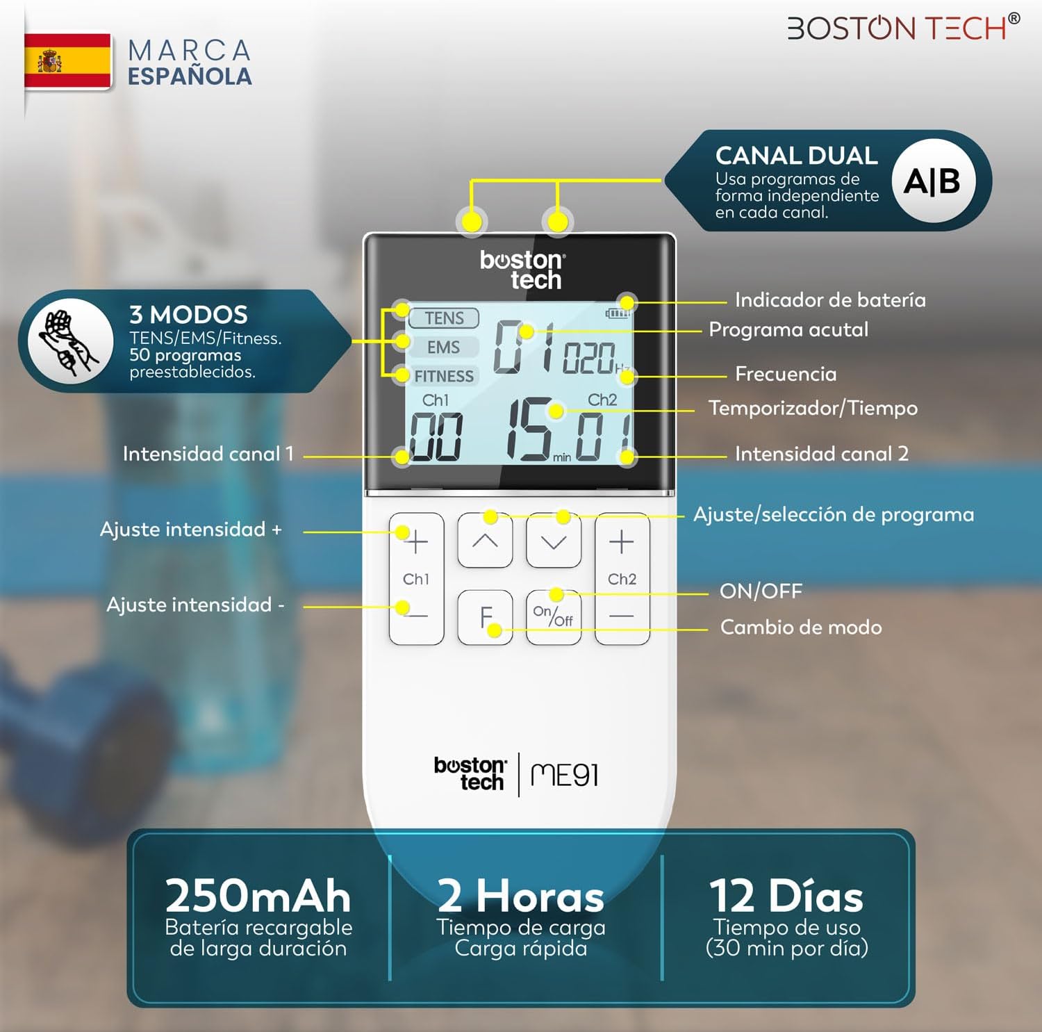 Electroestimulador Muscular TENS/EMS/FITNESS 3 en 1 | Boston Tech® ME91 | 50 Programas, 16 Intensidades, 2 Canales | Alivio del Dolor, Rehabilitación y Magnetoterapia + 4 Electrodos Reutilizables