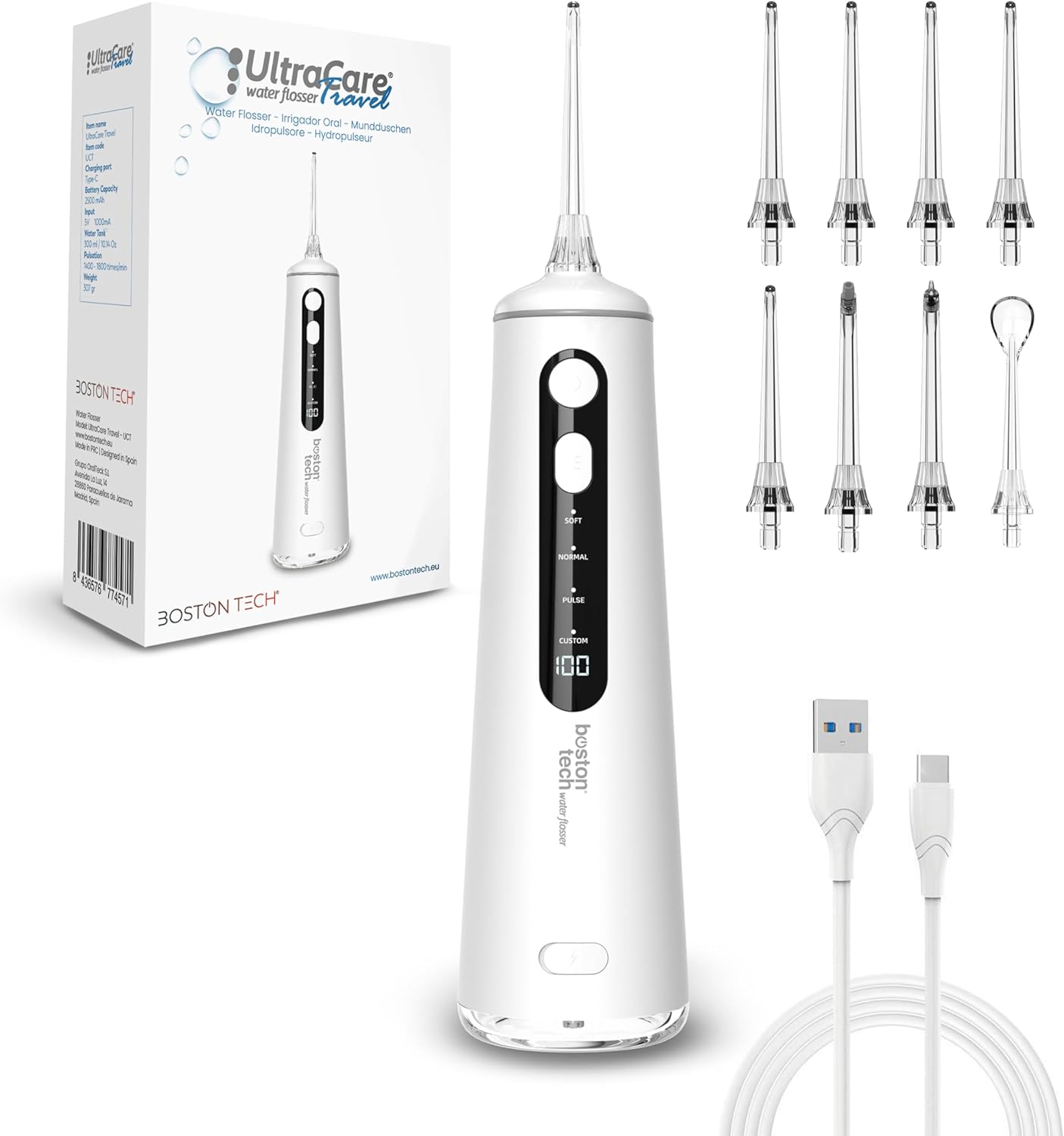 Aquapik Ultracare Travel Irrigador Bucal Portatil, Irrigador Dental Inalámbrico Profesional 8 Boquillas 4 Modos, IPX8 Impermeable 300ML USB-C Recargable Para Limpieza Dientes