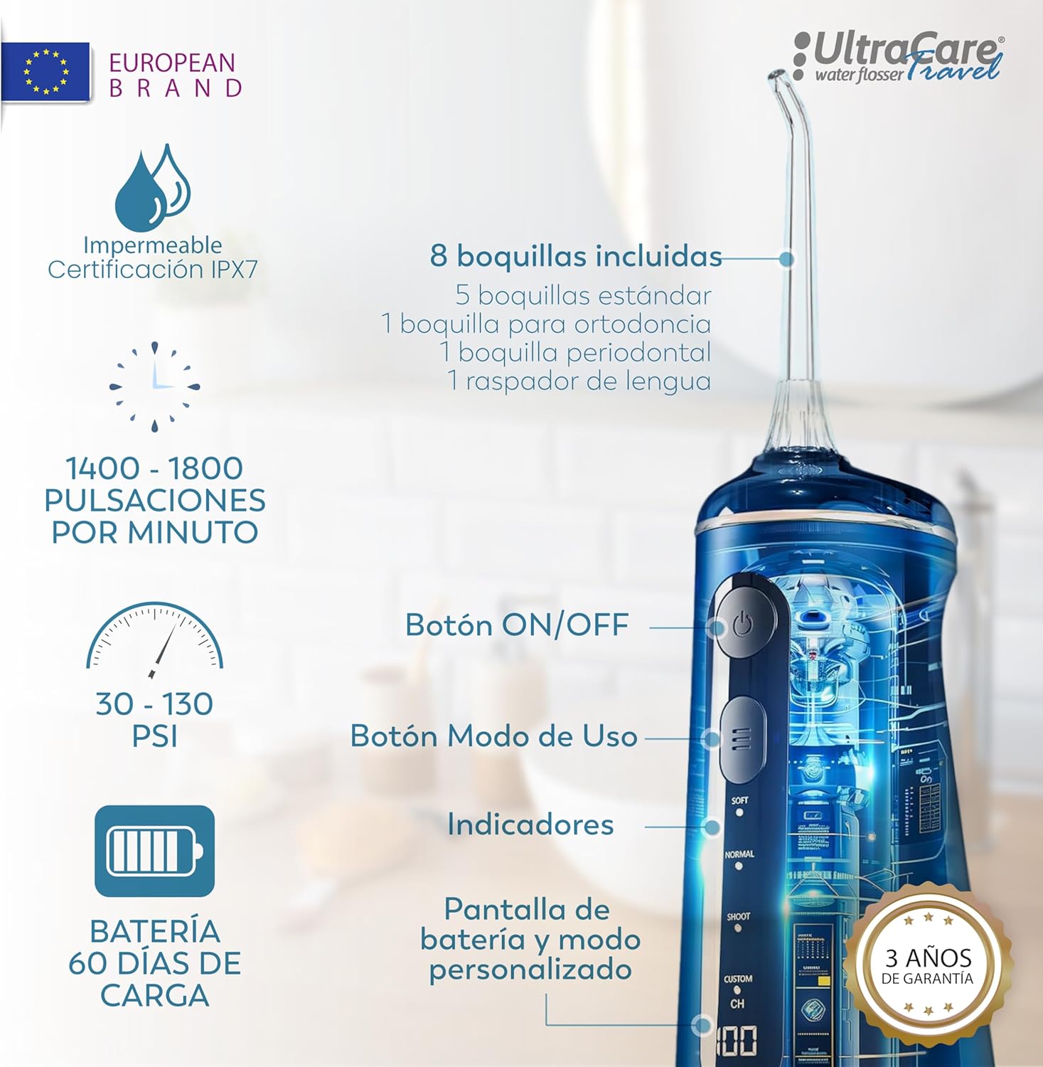 Irrigador Bucal Portatil, Aquapik Irrigador Dental Inalámbrico Profesional 8 Boquillas 4 Modos, IPX7 Impermeable 300ML USB-C Recargable Para Limpieza Dientes, Para el Hogar y los Viajes (b. Azul)