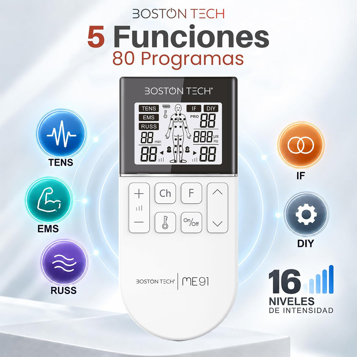Electroestimulador TENS EMS 5 en 1 recargable Boston Tech · 80 programas y 8 electrodos
