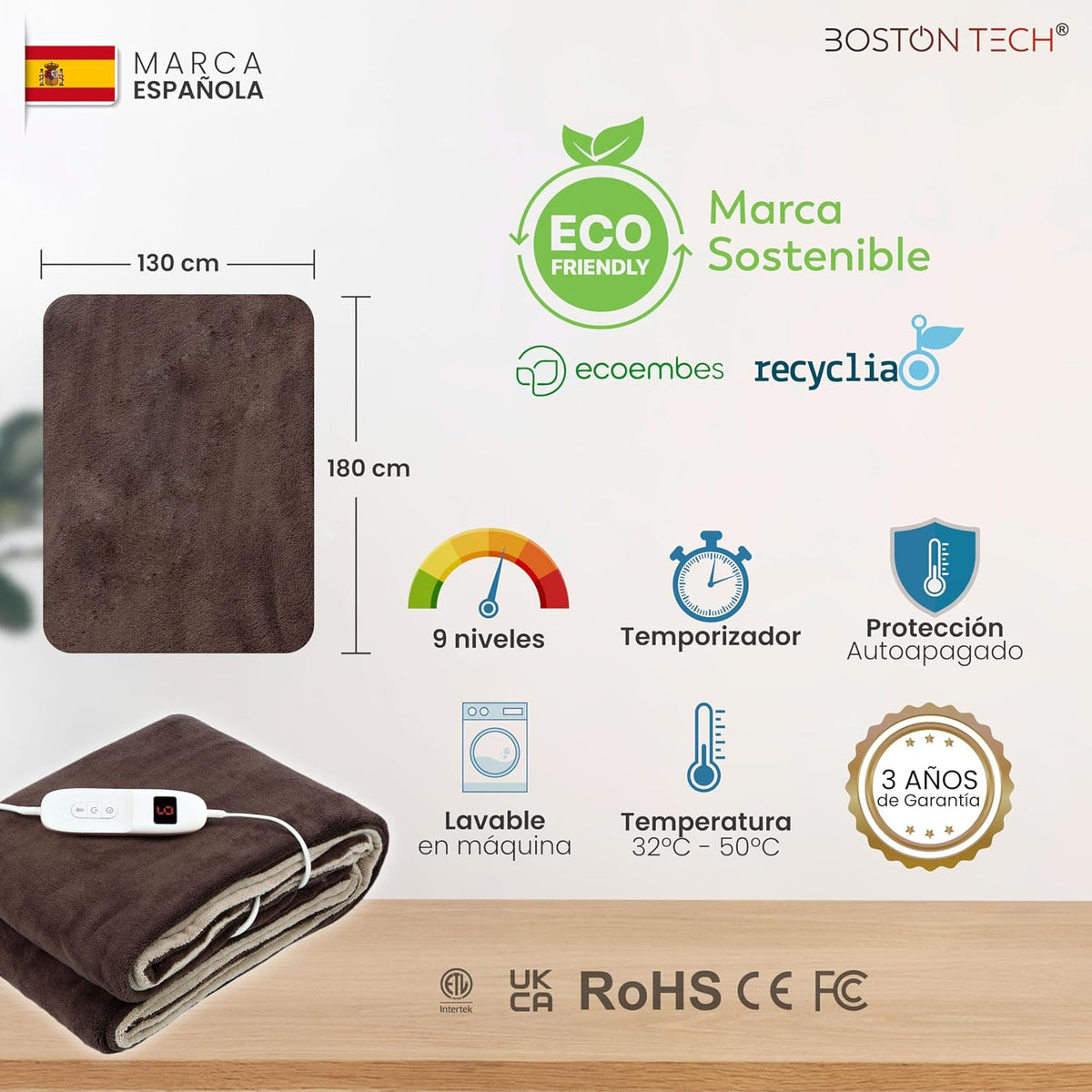 Manta eléctrica Boston Tech Comfortmax Double WE120 · 180 × 130 cm