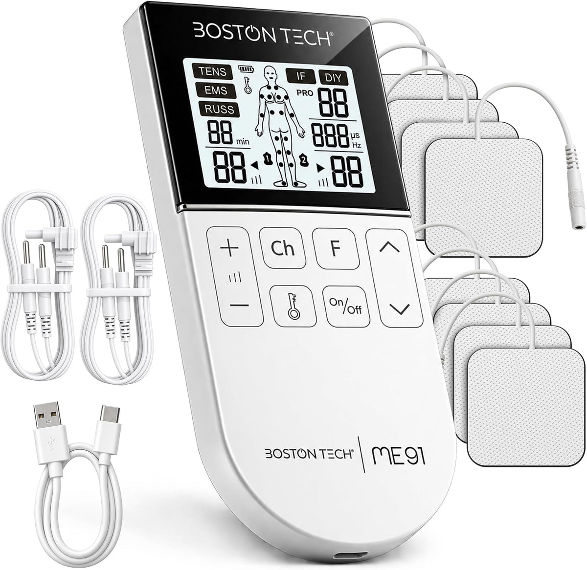 Electroestimulador TENS EMS 5 en 1 recargable Boston Tech · 80 programas y 8 electrodos