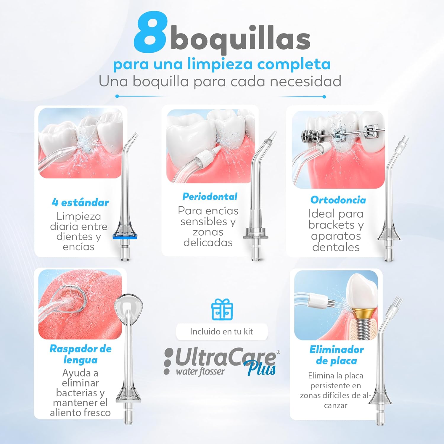 Aquapik Irrigador Dental Portátil, Irrigador Bucal Inalámbrico con 8 Boquillas y 4 Modos, Depósito 300 ml, USB-C Recargable, IPX7, Water Flosser para Brackets, Implantes y Viajes