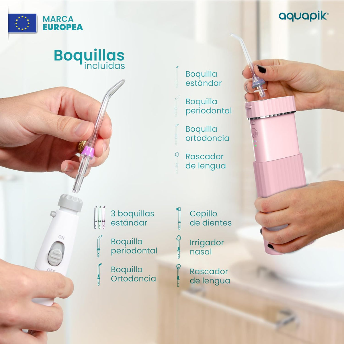 Pack Aquapik® DUO: irrigador de sobremesa 100 + portátil Mini · blanco-rosa