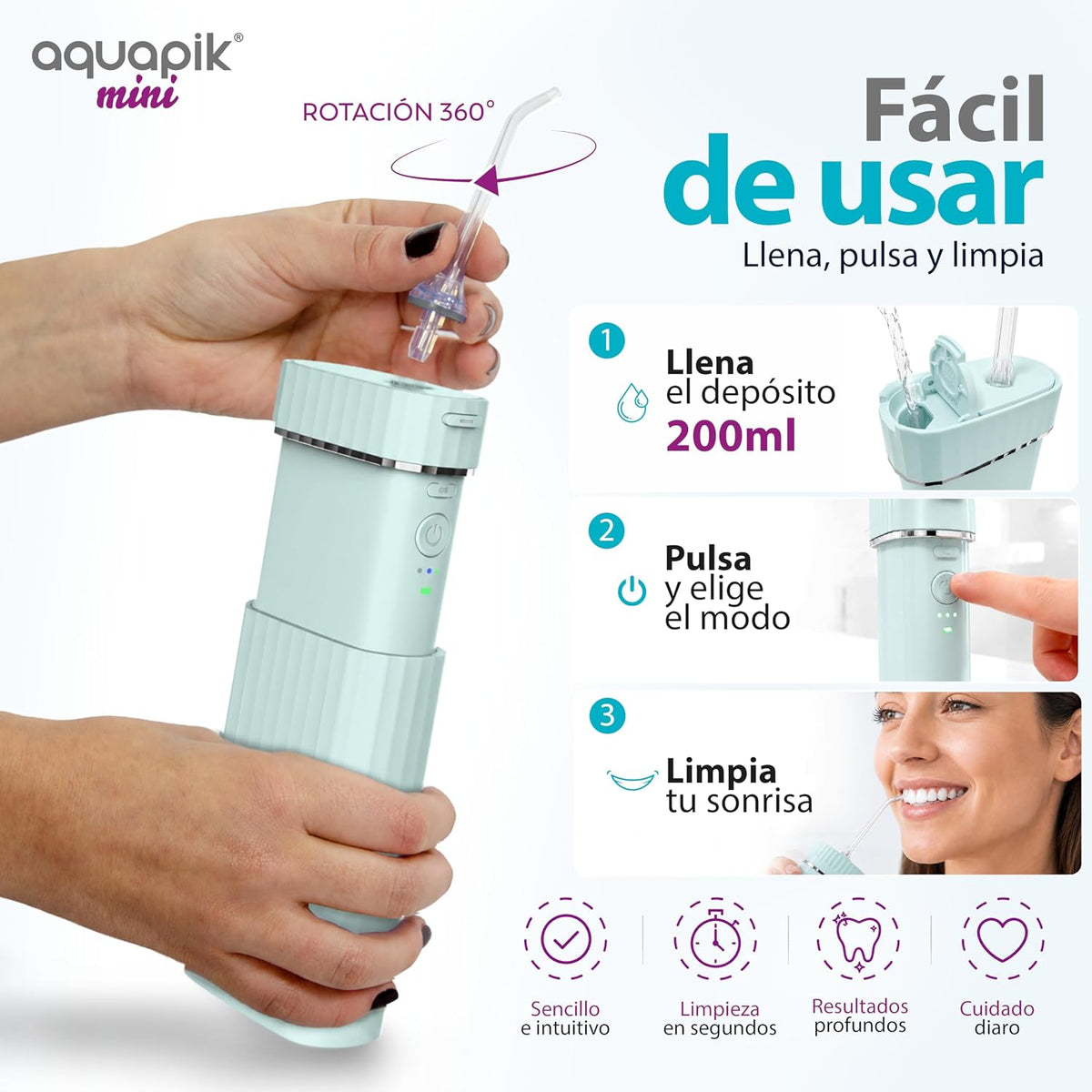 Irrigador dental mini Aquapik® Mini · portátil y de viaje
