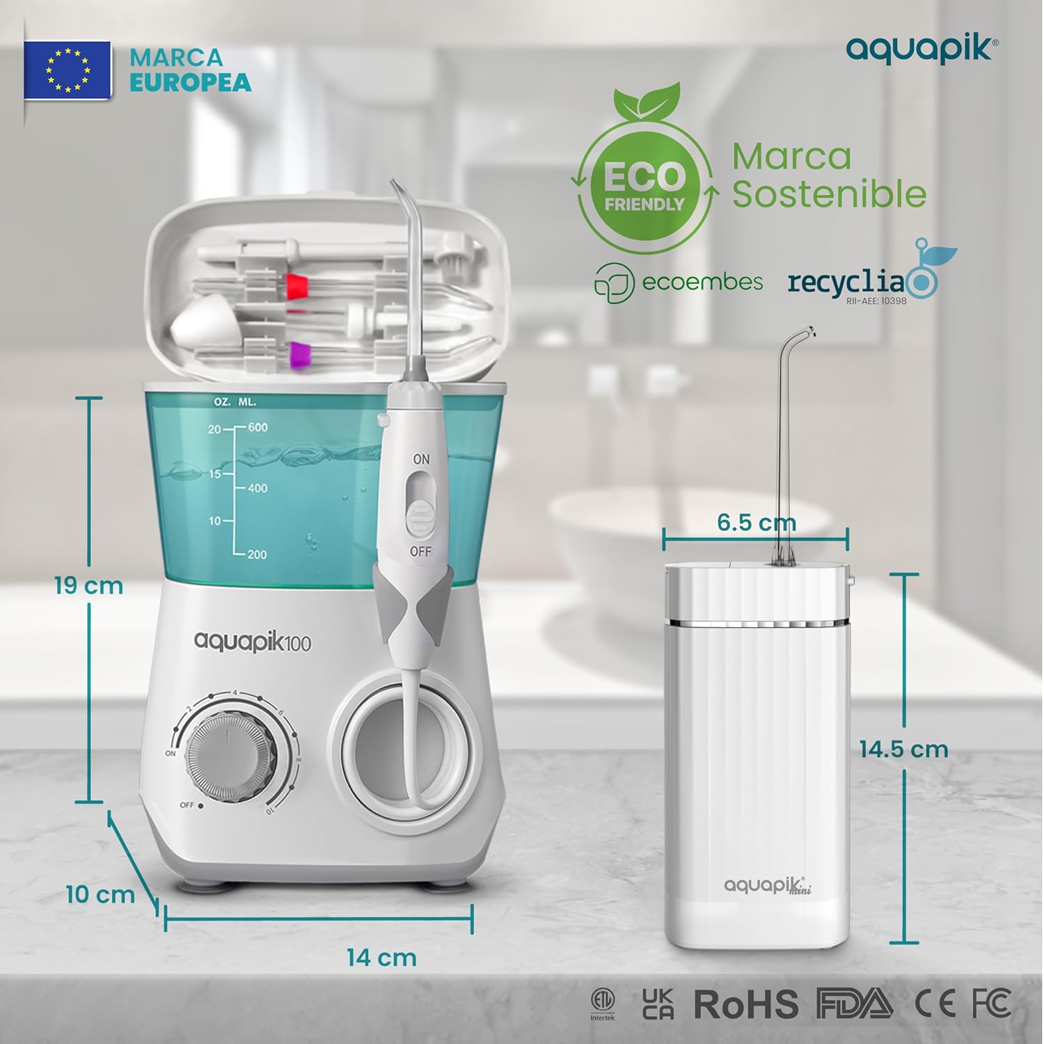 Pack de Irrigadores Dentales Aquapik: sobremesa + Mini Portátil | Recomendado por dentistas + Elimina la Placa + Cuida tus Implantes y Ortodoncia |Higiene Bucal Profunda (A. Blanco-Blanco)