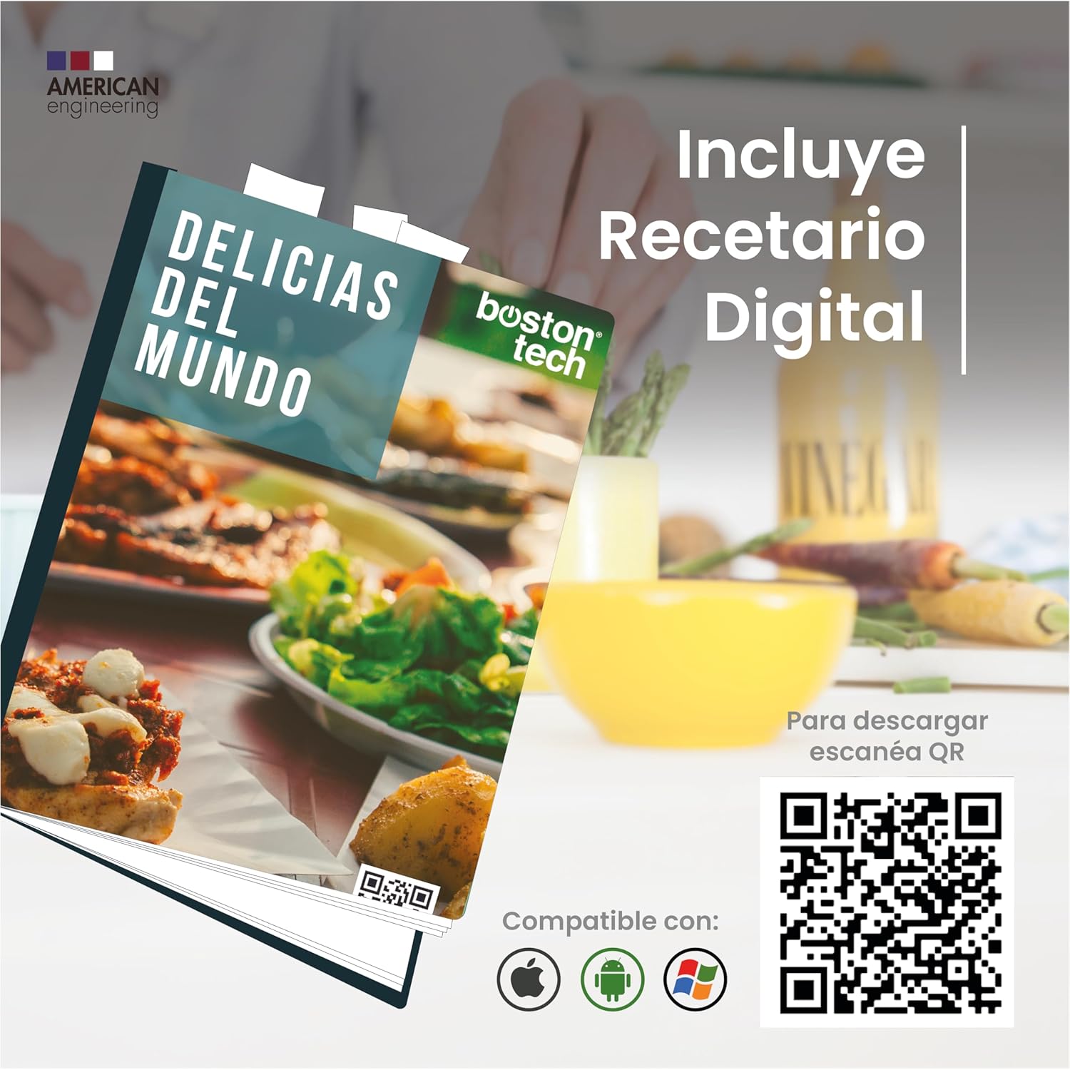 Boston Tech Báscula de Cocina Digital - Acero Inoxidable, Alta Precisión, Impermeable, Capacidad 5kg, Pantalla LCD, Función Tara, Recetario Incluido (HK105)