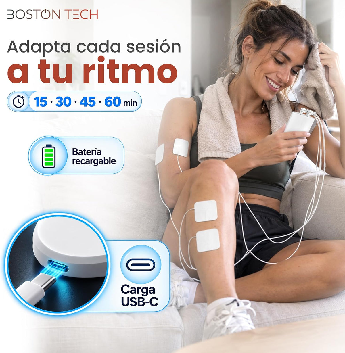 Electroestimulador TENS EMS 5 en 1 recargable Boston Tech · 80 programas y 8 electrodos