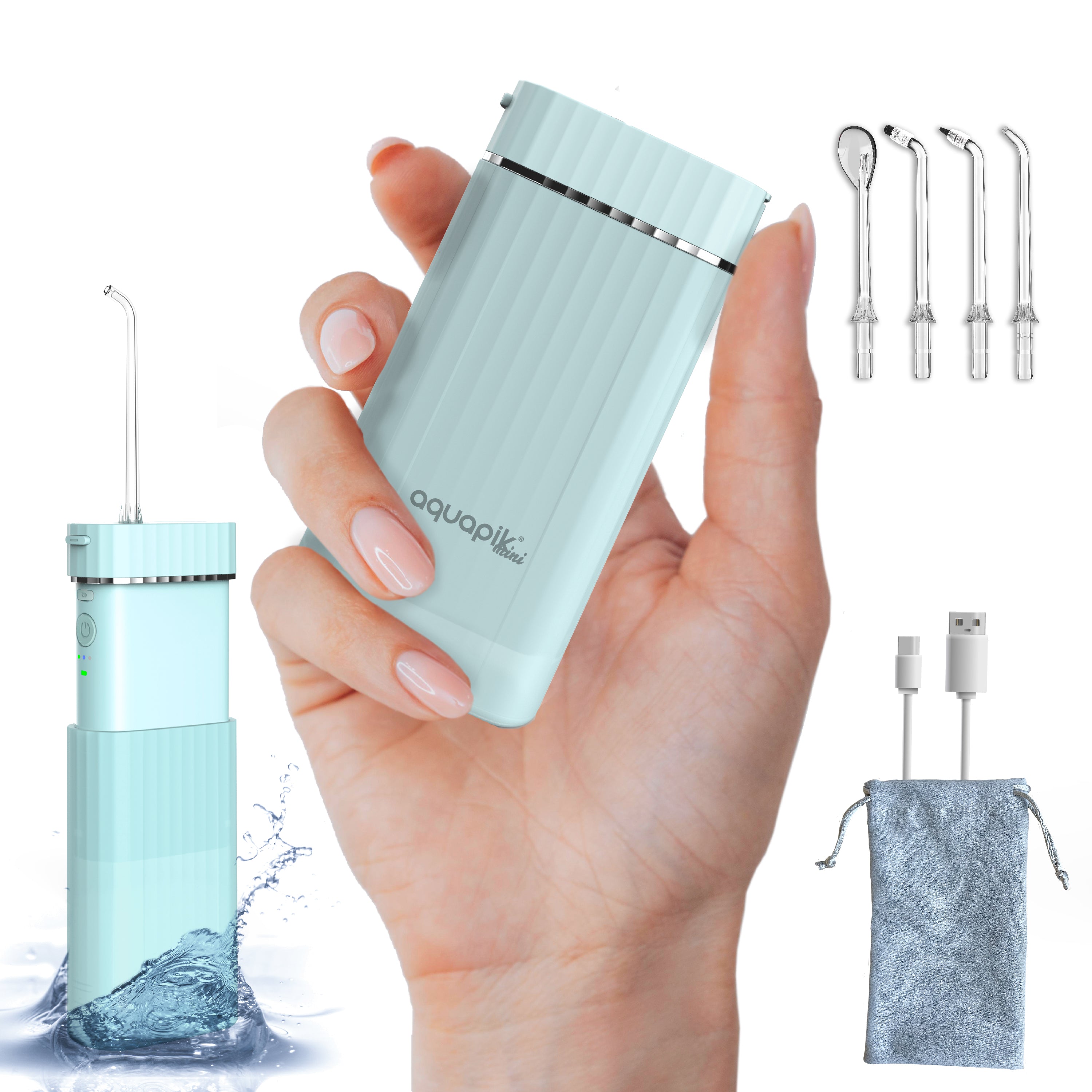 Aquapik® Mini Irrigador dental portátil 200 ml con tanque telescópico recargable USB tipo C, 3 modos de presión impermeable IPX8, fácil de llevar ideal para viajes y oficina, limpieza dental profunda.