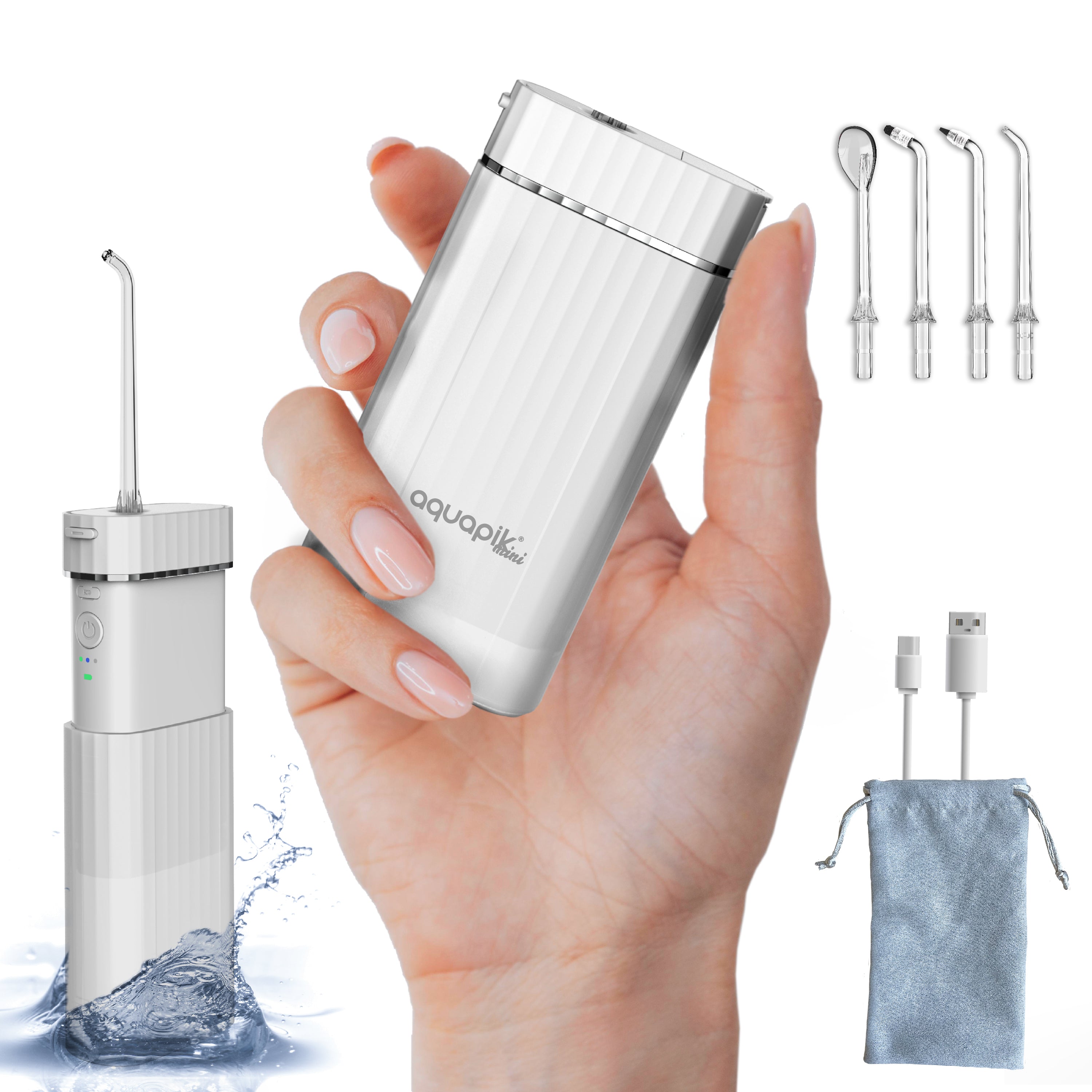 Aquapik® Mini Irrigador dental portátil 200 ml con tanque telescópico recargable USB tipo C, 3 modos de presión impermeable IPX8, fácil de llevar ideal para viajes y oficina, limpieza dental profunda.