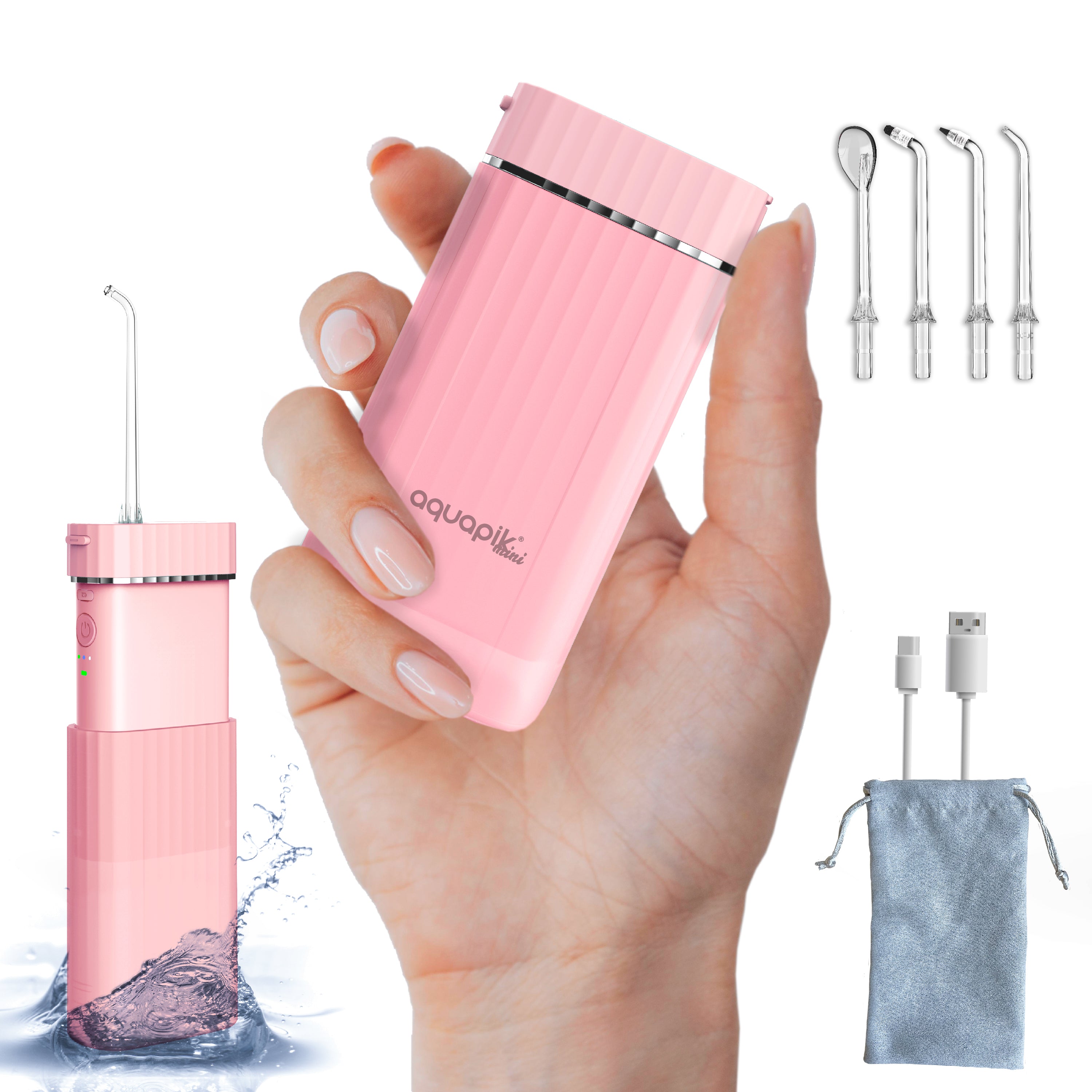 Aquapik® Mini Irrigador dental portátil 200 ml con tanque telescópico recargable USB tipo C, 3 modos de presión impermeable IPX8, fácil de llevar ideal para viajes y oficina, limpieza dental profunda.