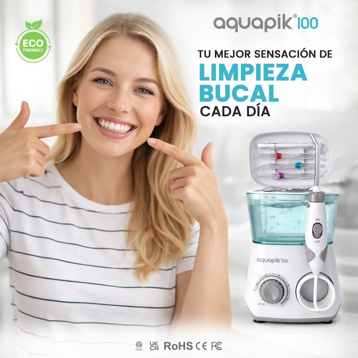 Irrigador dental de sobremesa Aquapik® 100 · 8 boquillas y 600 ml