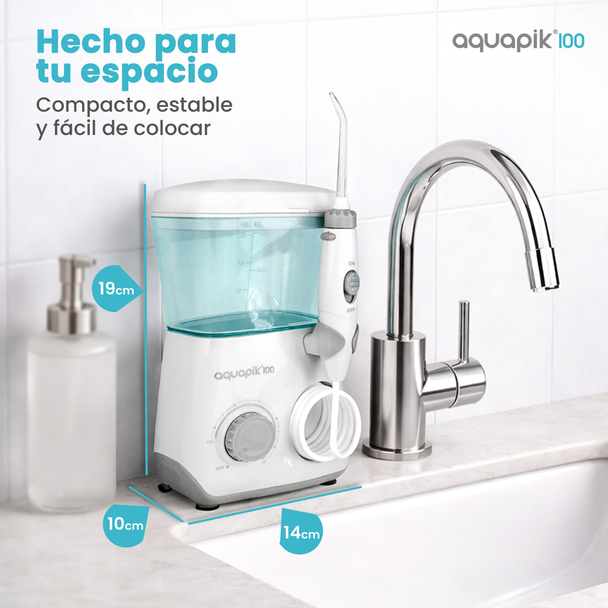 Irrigador dental de sobremesa Aquapik® 100 · 8 boquillas y 600 ml