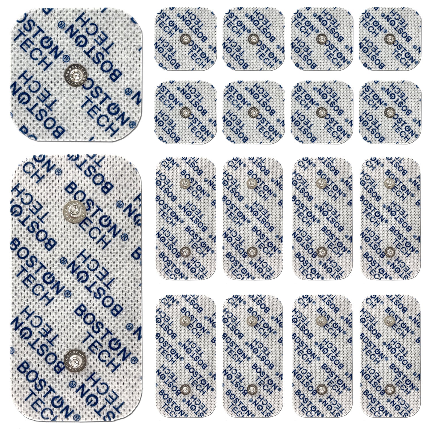 Set de 16 Electrodos Boston Tech, Pads Compatibles con Electroestimulador TENS EMS COMPEX. 8 Parches de 5x5 cm y 8 Parches de 5x10 cm. Reutilizables con Óptima Adherencia. No Requiere Gel. ME77