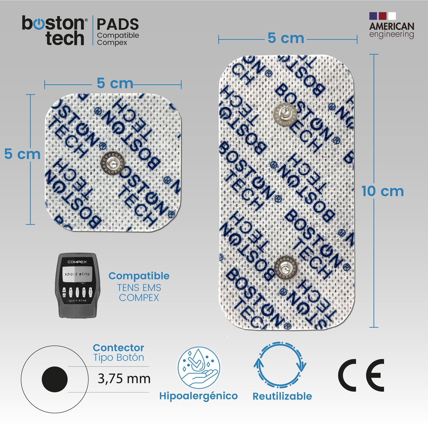 Set de 16 Electrodos Boston Tech, Pads Compatibles con Electroestimulador TENS EMS COMPEX. 8 Parches de 5x5 cm y 8 Parches de 5x10 cm. Reutilizables con Óptima Adherencia. No Requiere Gel. ME77