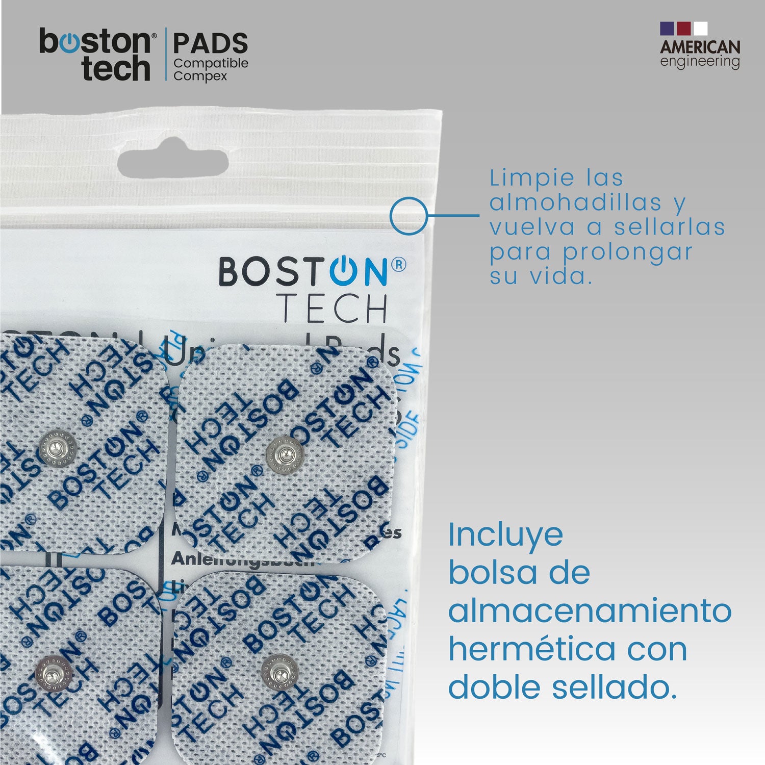 Set de 16 Electrodos Boston Tech, Pads Compatibles con Electroestimulador TENS EMS COMPEX. 8 Parches de 5x5 cm y 8 Parches de 5x10 cm. Reutilizables con Óptima Adherencia. No Requiere Gel. ME77