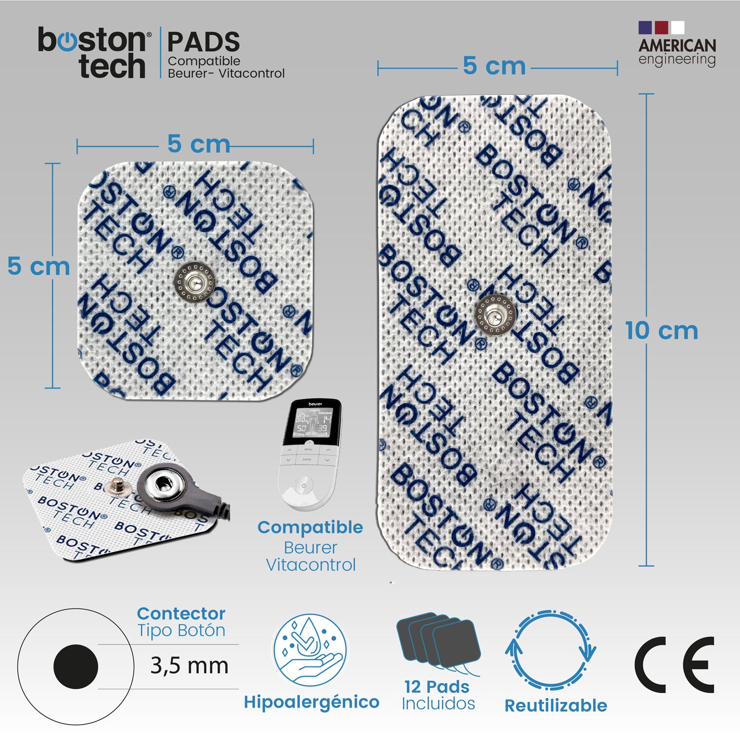 Boston Tech Set 12 electrodos Pads Compatibles con Aparato TENS EMS Beurer y Vitacontrol. Parches 5x5 y 5x10 cm para su Electroestimulador. Reutilizables con Óptima Adherencia. No Requiere Gel.