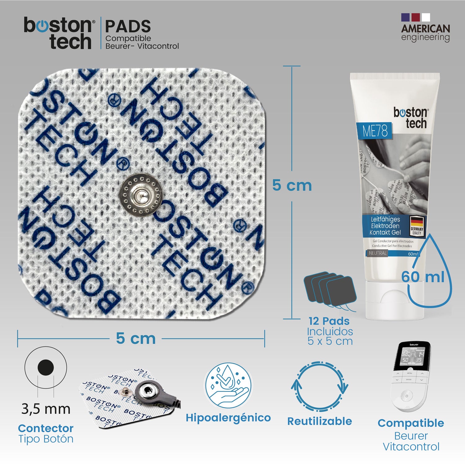 Set 12 electrodos Boston Tech. Pads Compatibles con su Aparato Beurer y Vitacontrol. Parches 5x5 cm para su Electroestimulador. Reutilizables con Óptima Adherencia. Gel de Regalo.