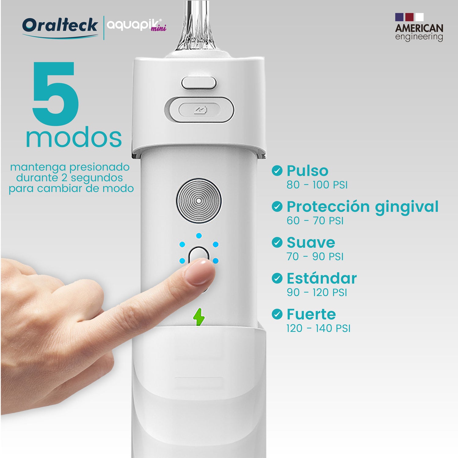 Aquapik Mini, Irrigador Bucal Portátil, Tanque de Agua Retráctil. Recargable para Viajes y Oficina. 4 boquillas, 3 potencias, Blanco