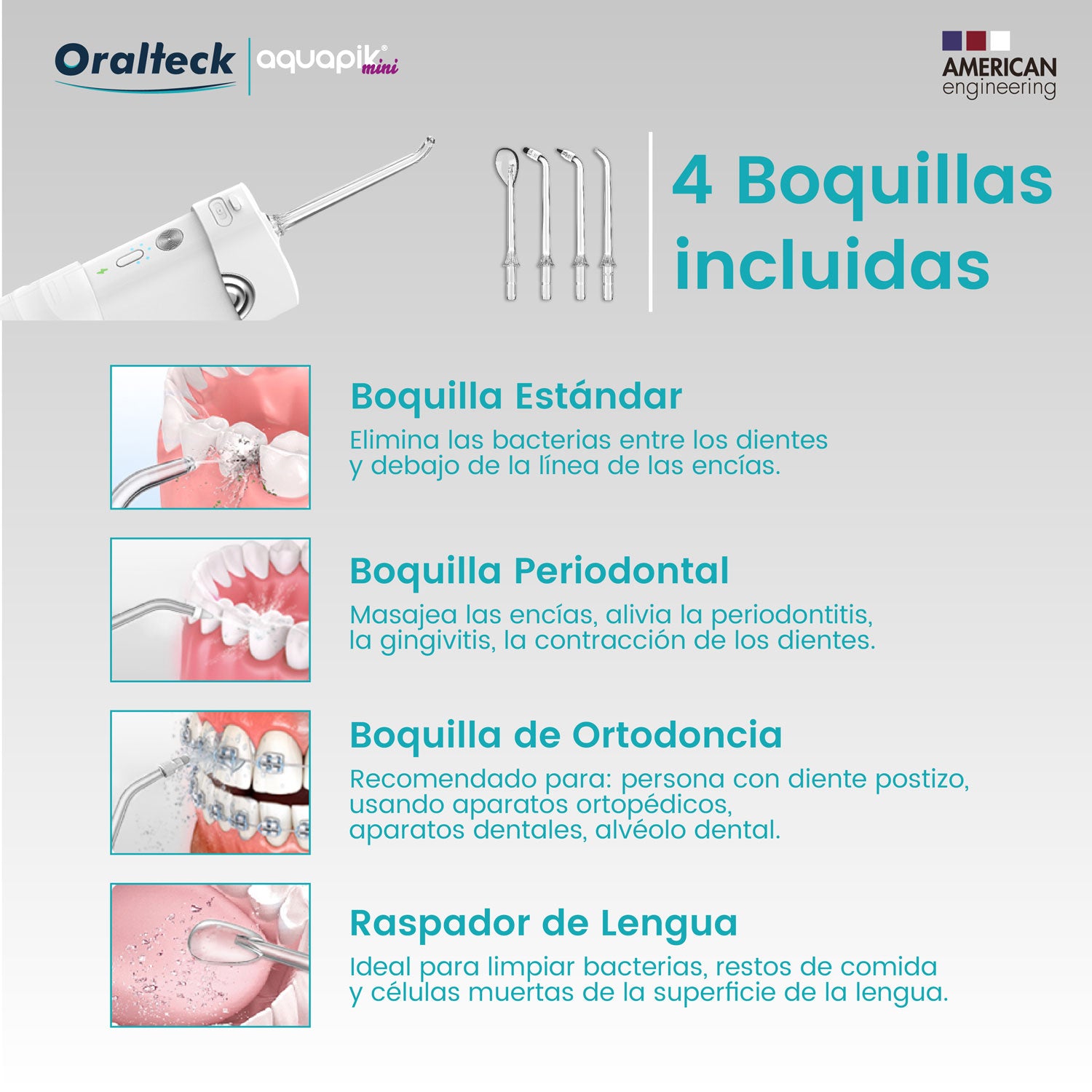 Aquapik Mini, Irrigador Bucal Portátil, Tanque de Agua Retráctil. Recargable para Viajes y Oficina. 4 boquillas, 3 potencias, Blanco