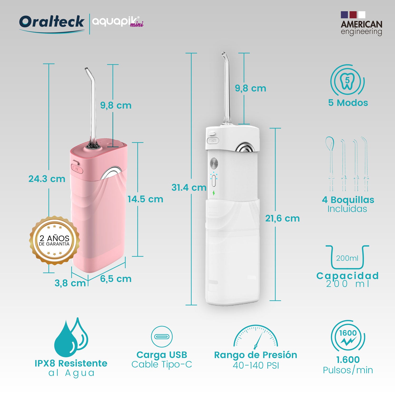 Aquapik Mini, Irrigador Bucal Portátil, Tanque de Agua Retráctil. Irrigador Dental Recargable para Viajes y Oficina. Carga USB, 4 boquillas, 3 potencias, Impermeable IPX7, Para Toda la Familia, Rosa