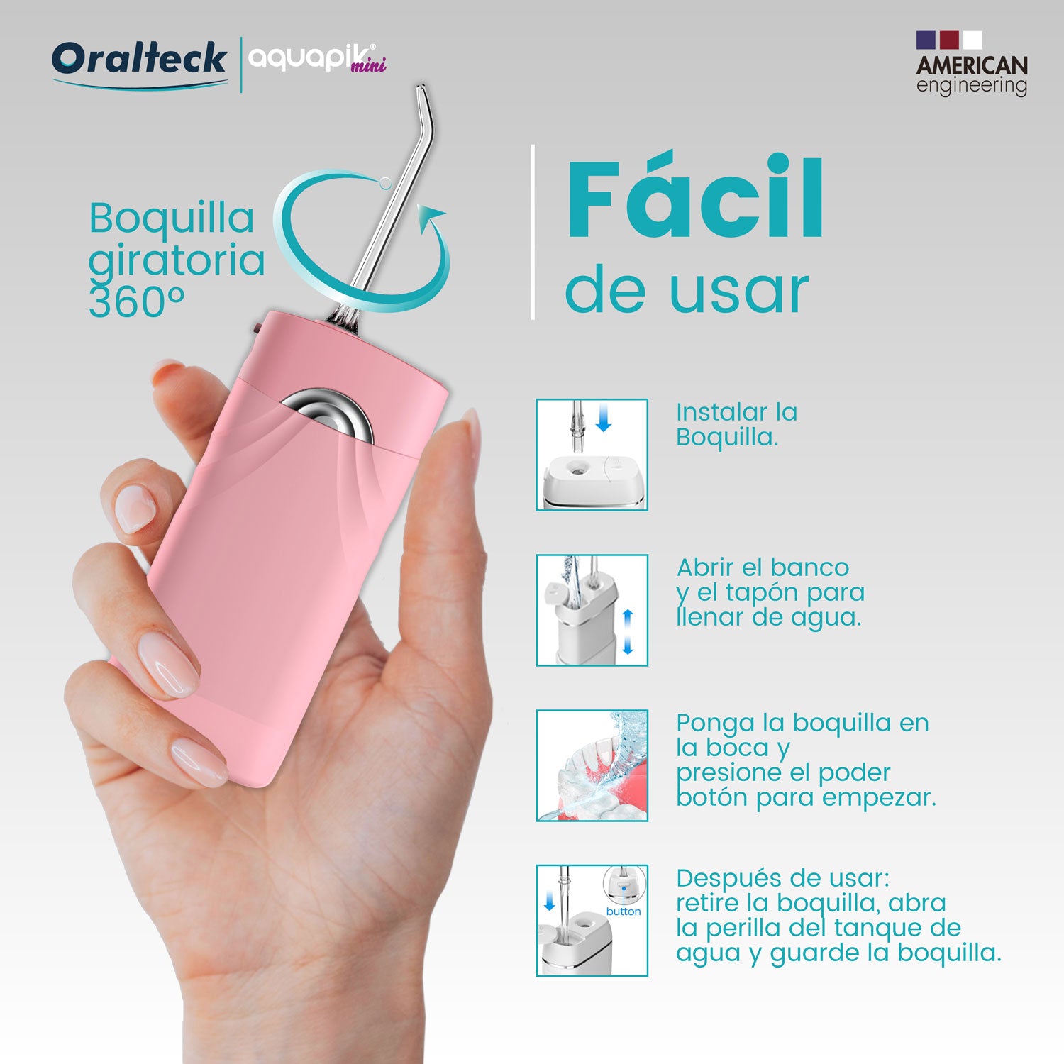 Aquapik Mini, Irrigador Bucal Portátil, Tanque de Agua Retráctil. Irrigador Dental Recargable para Viajes y Oficina. Carga USB, 4 boquillas, 3 potencias, Impermeable IPX7, Para Toda la Familia, Rosa