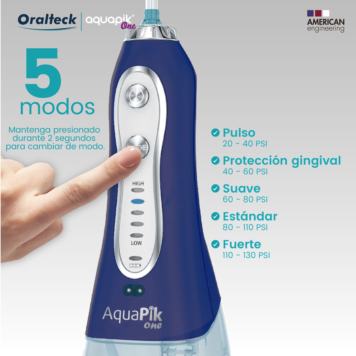 Aquapik One, Irrigador bucal portátil recargable. Irrigador dental para viajes, 5 modos de presión, potente irrigador profesional. 7 Boquillas 300ml. (Azul)