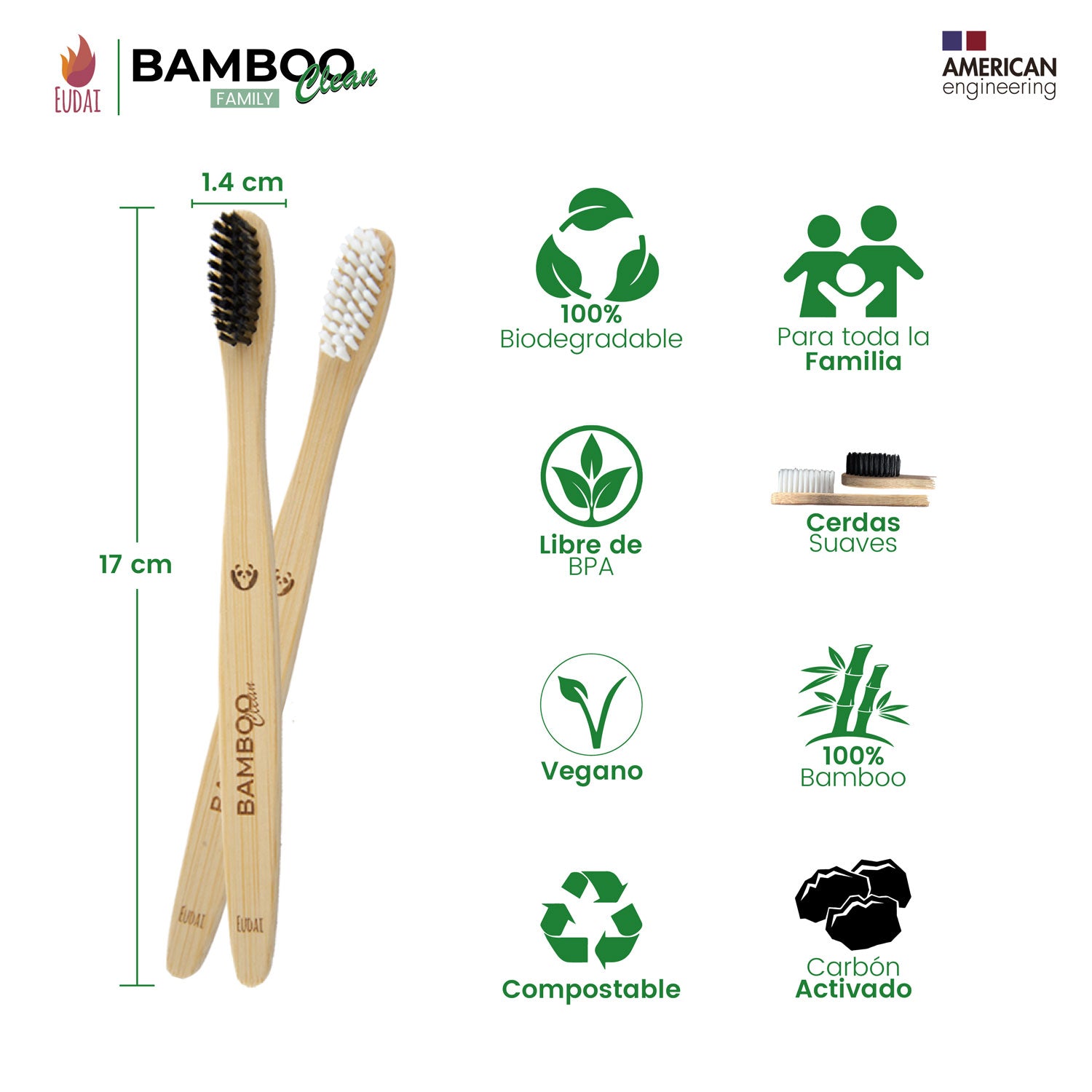 Bamboo Clean Family 12 Cepillos de Dientes de Bambú con Cerdas Suaves sin BPA