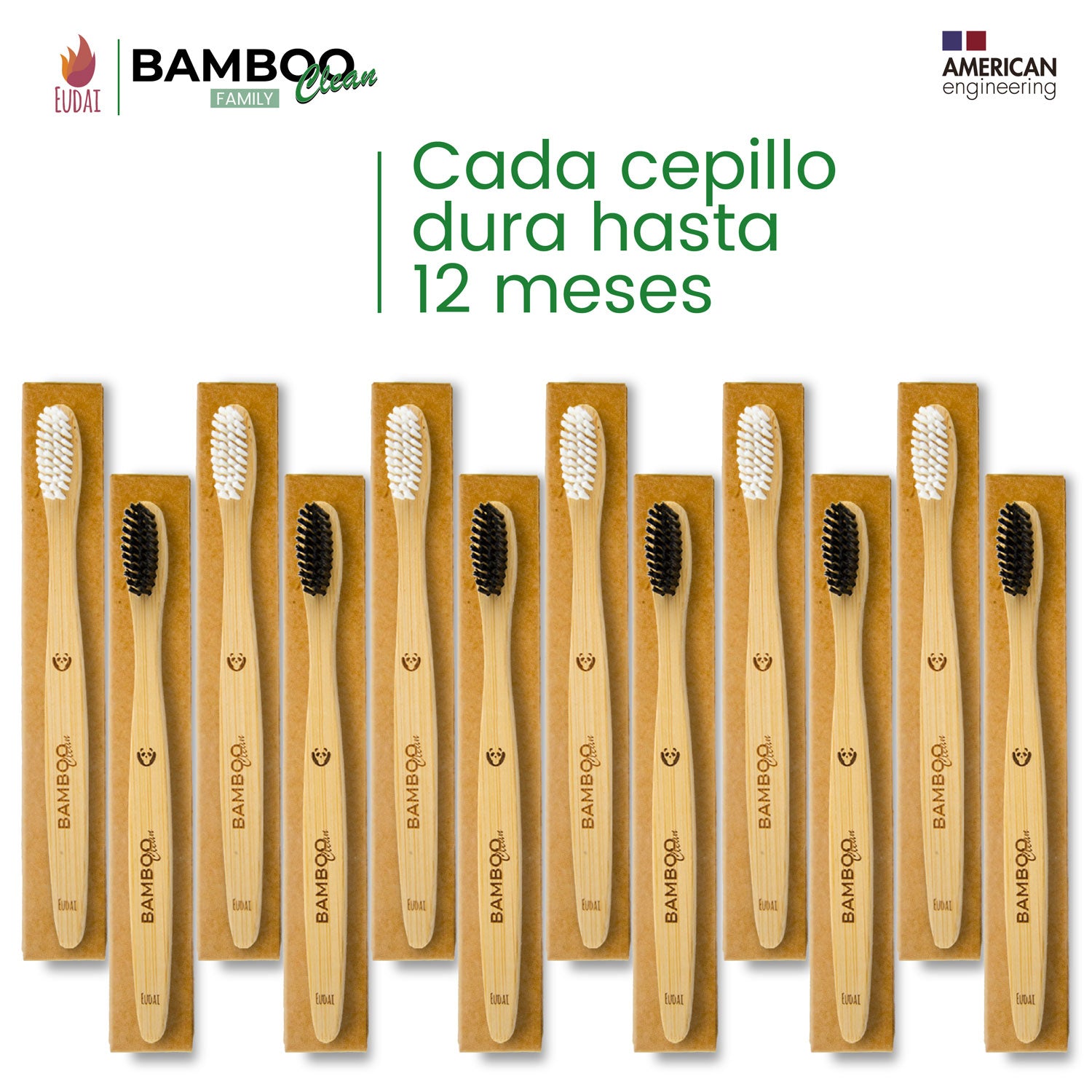 Bamboo Clean Family 12 Cepillos de Dientes de Bambú con Cerdas Suaves sin BPA