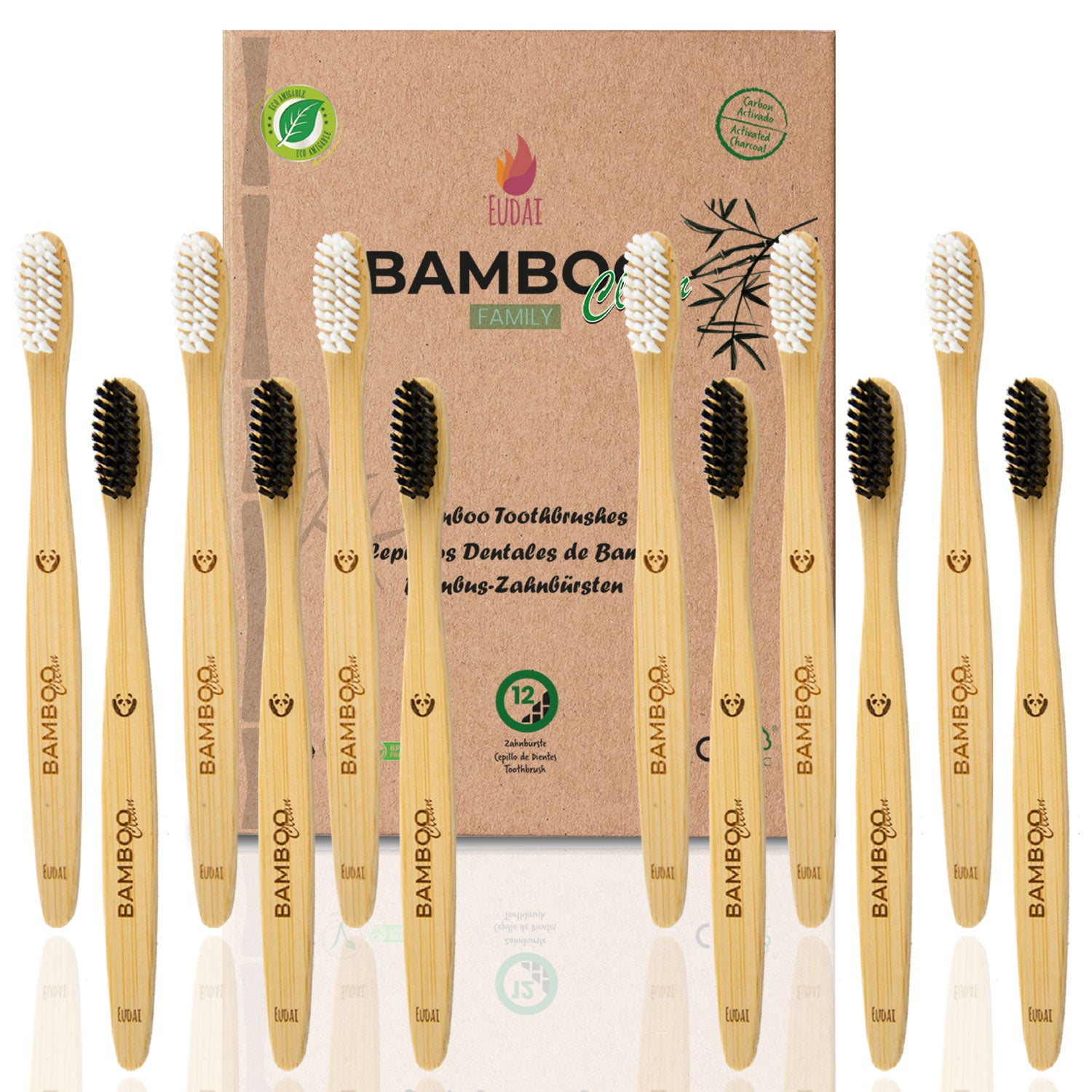 Bamboo Clean Family 12 Cepillos de Dientes de Bambú con Cerdas Suaves sin BPA