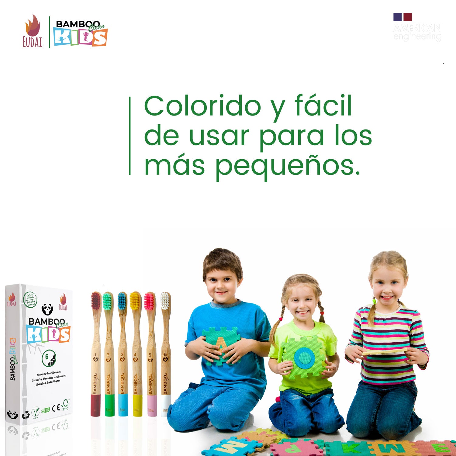 Bamboo Clean Kids 6 Cepillos de Dientes de Bambú para niños con Cerdas de Colores Suaves sin BPA
