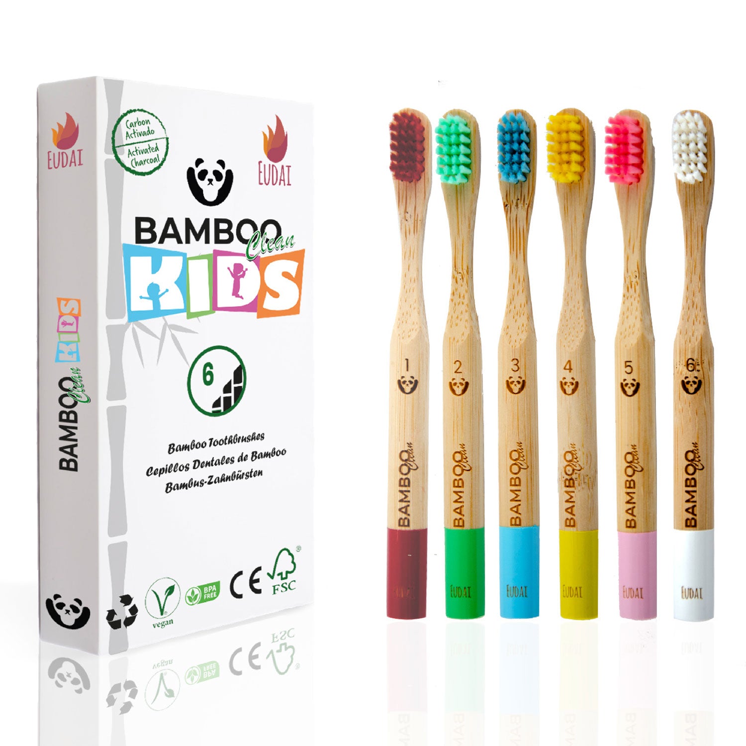 Bamboo Clean Kids 6 Cepillos de Dientes de Bambú para niños con Cerdas de Colores Suaves sin BPA