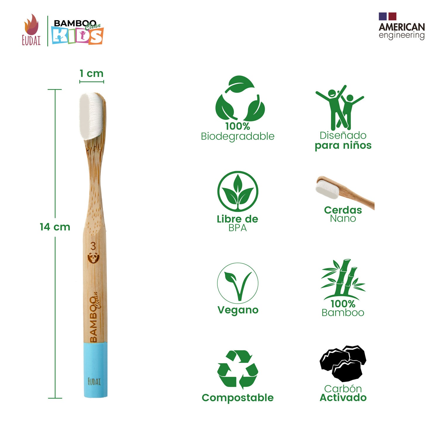 Bamboo Clean Kids 3 Cepillos de Dientes de Bambú para niños con 10.000 Cerdas NANO sin BPA