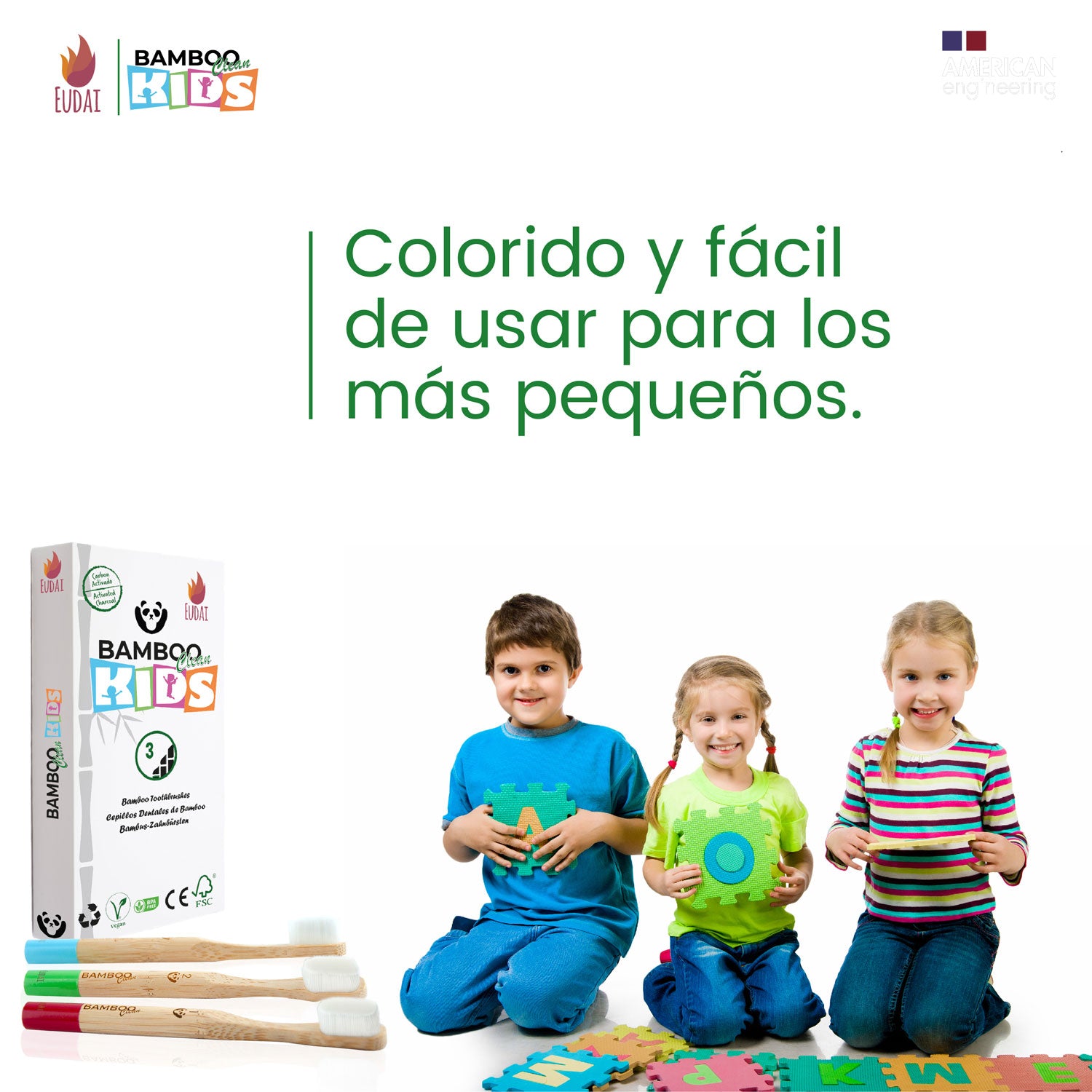 Bamboo Clean Kids 3 Cepillos de Dientes de Bambú para niños con 10.000 Cerdas NANO sin BPA