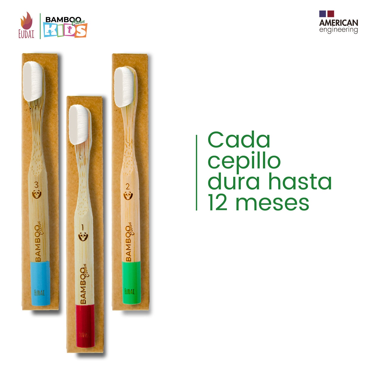 Bamboo Clean Kids 3 Cepillos de Dientes de Bambú para niños con 10.000 Cerdas NANO sin BPA