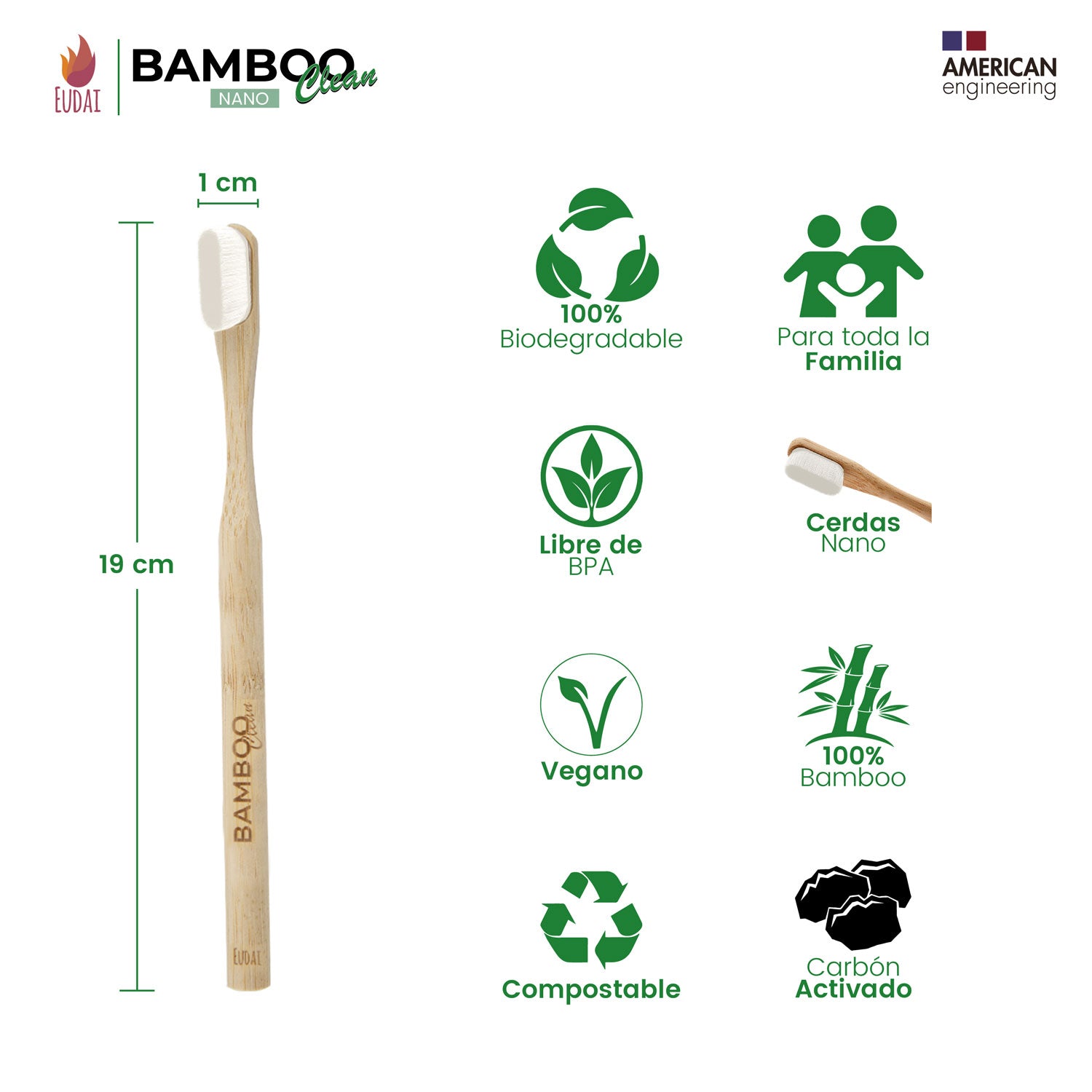 Bamboo Clean Nano 4 Cepillos de Dientes de Bambú con 20.000 Cerdas Nano Suaves sin BPA