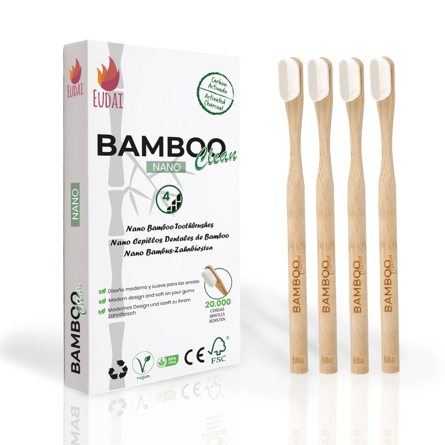 Bamboo Clean Nano 4 Cepillos de Dientes de Bambú con 20.000 Cerdas Nano Suaves sin BPA