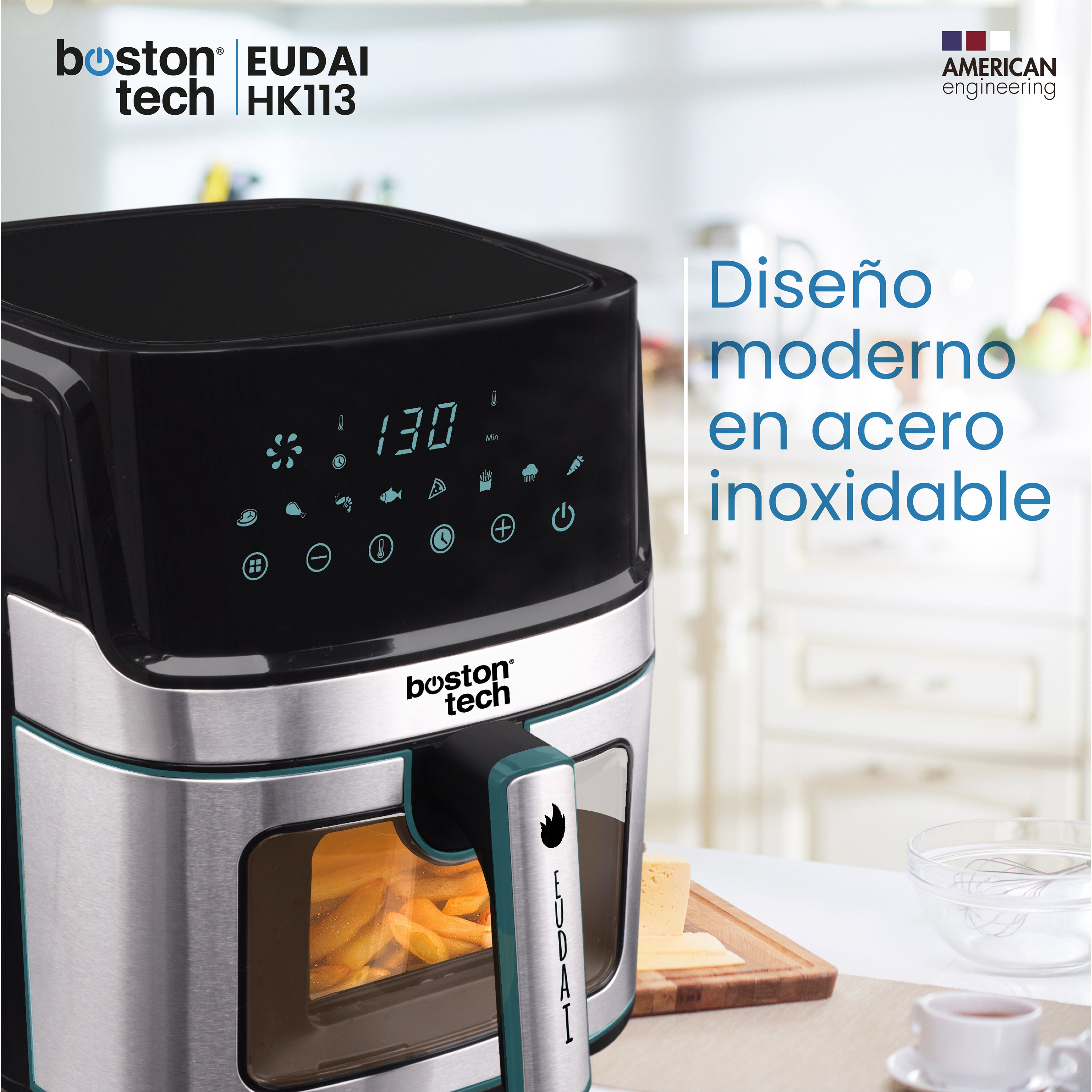 EUDAI Freidora sin Aceite 6.5L, Freidora Aire con Ventana, 8 programas, Pantalla LED, Control Táctil, Temperatura Regulable, Cesta Antiadherente, Temporizador, 1700W, Incluye Recetario, Acero Inoxidable