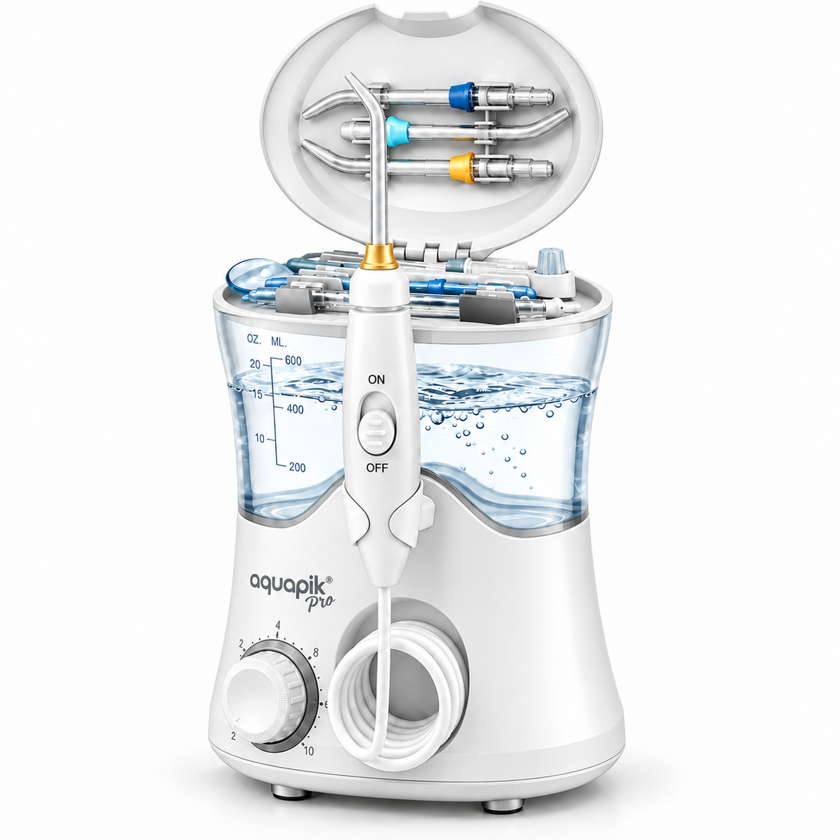 Irrigador dental de sobremesa Aquapik® PRO · 600 ml y 8 boquillas