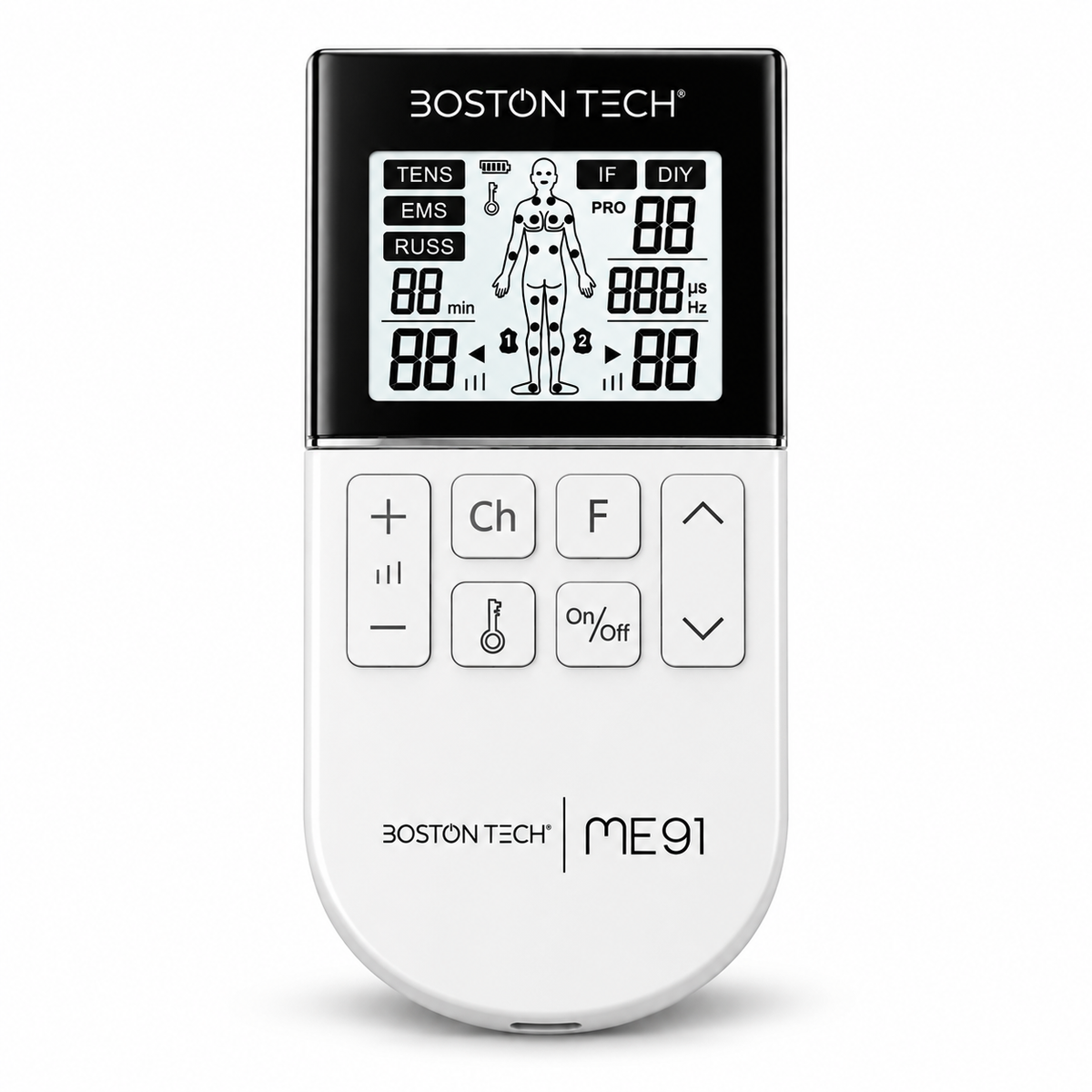 Electroestimulador TENS EMS 5 en 1 recargable Boston Tech · 80 programas y 8 electrodos