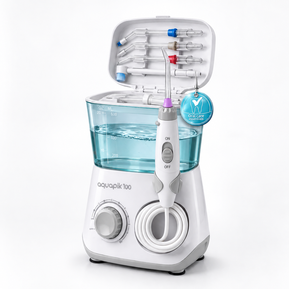 Irrigador dental de sobremesa Aquapik® 100 · 8 boquillas y 600 ml