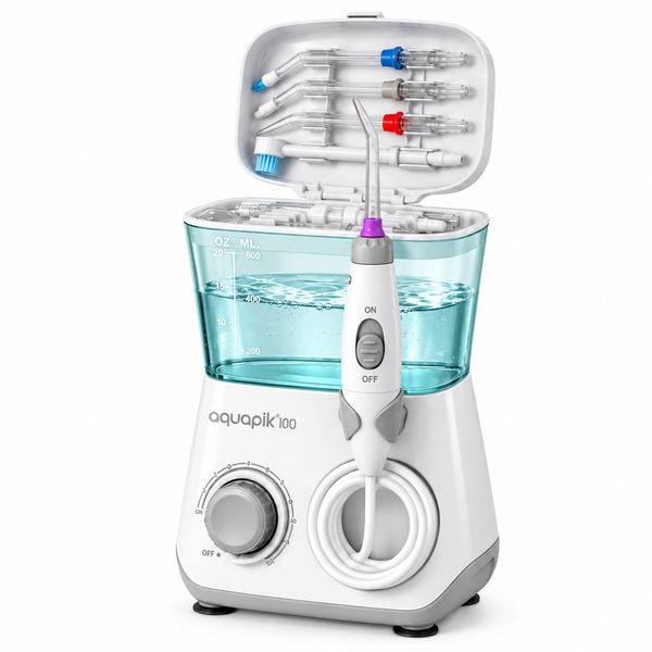 Irrigador dental de sobremesa Aquapik® 100 · 8 boquillas y 600 ml