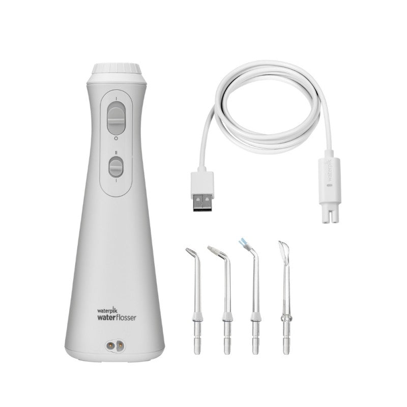 Waterpik Plus Irrigador Portátil con Agua a Presión y Sistema Avanzado de Control de Presión con 4 Boquillas, Eliminación de Placa Dental, Blanco (WP-490 EU)