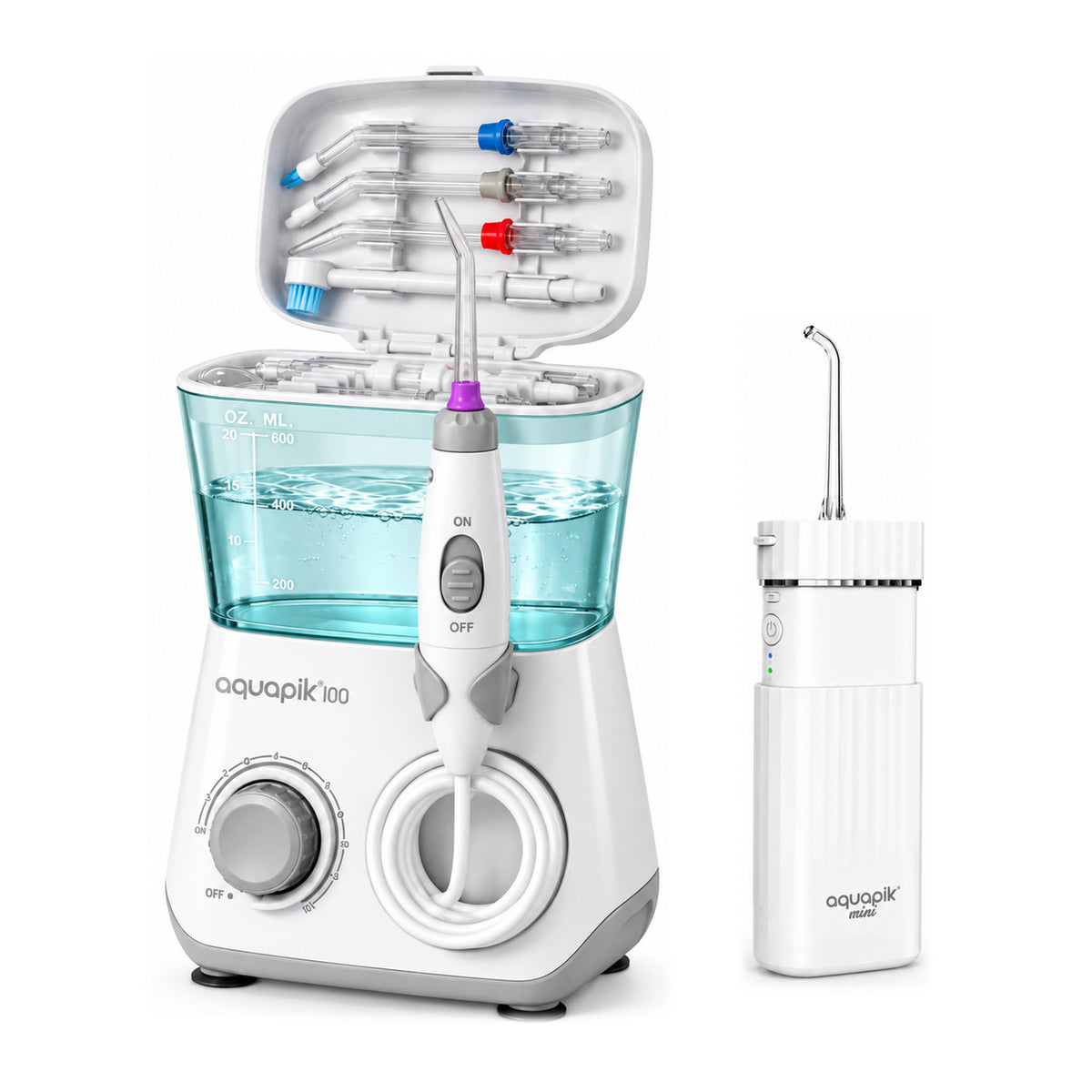 Pack Aquapik® DUO: irrigador de sobremesa 100 + portátil Mini · blanco-rosa | blanco - blanco