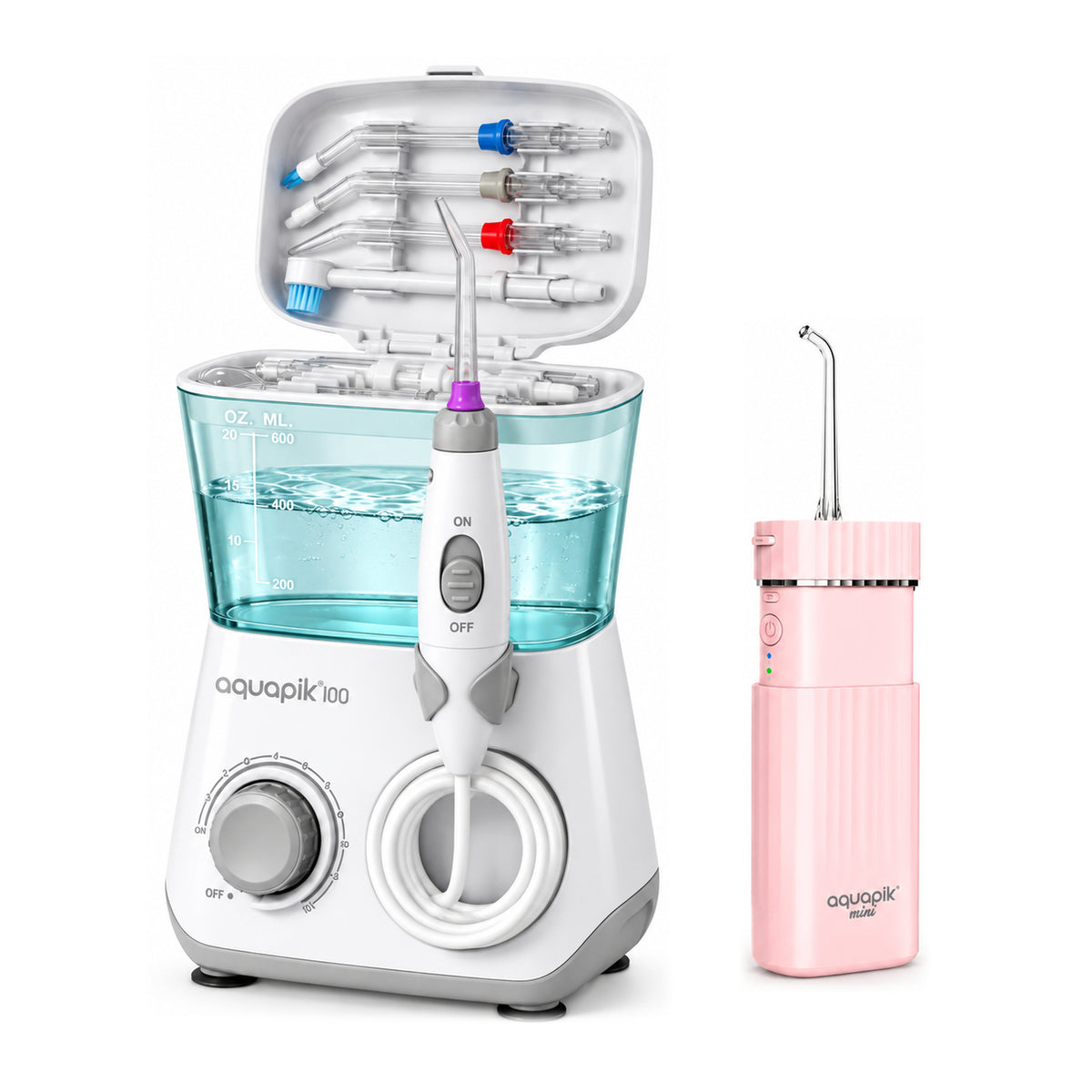 Pack Aquapik® DUO: irrigador de sobremesa 100 + portátil Mini · blanco-rosa | blanco - blanco
