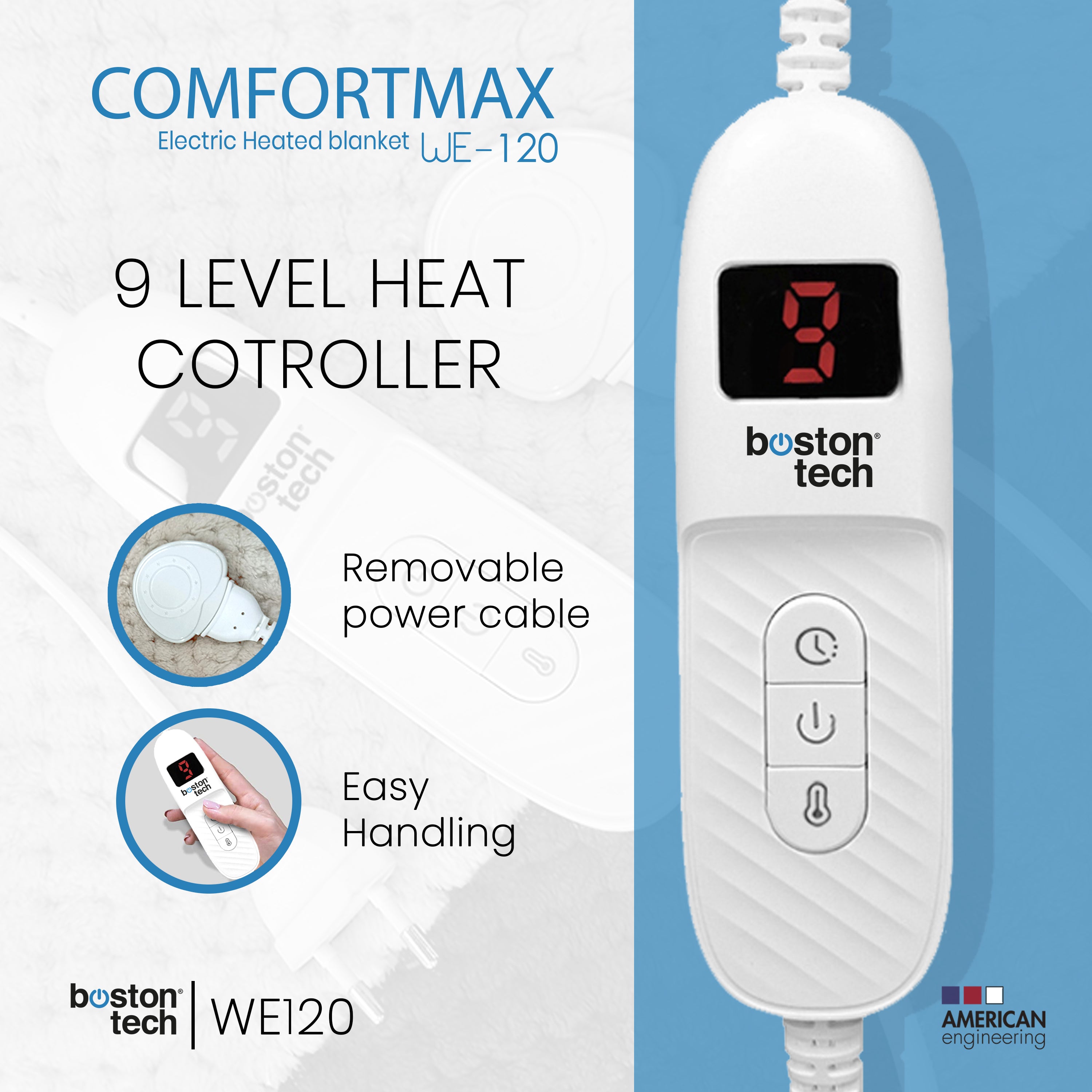 Comfortmax WE120 Manta Térmica Eléctrica, Extra grande 180 x 130 cm. 9 Niveles. Control Digital Removible Calentamiento Rápido